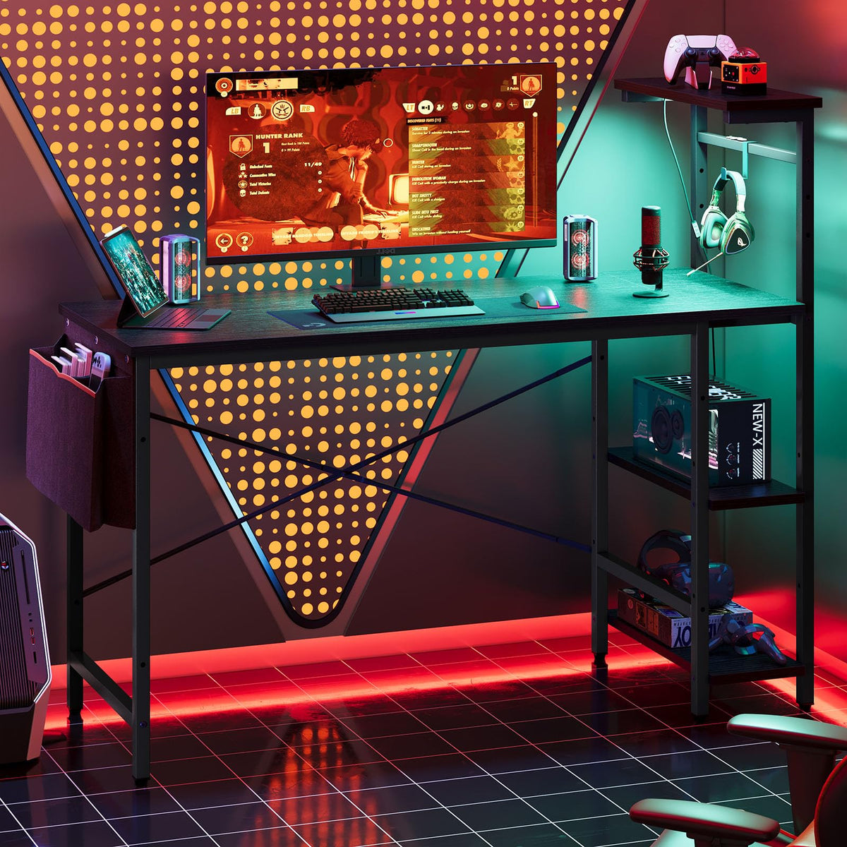 Bestier Gaming Desk with LED Lights, 51.3 Inch Computer Desk with 4 Tiers Reversible Shelves, Home Office Writing Desk with Side