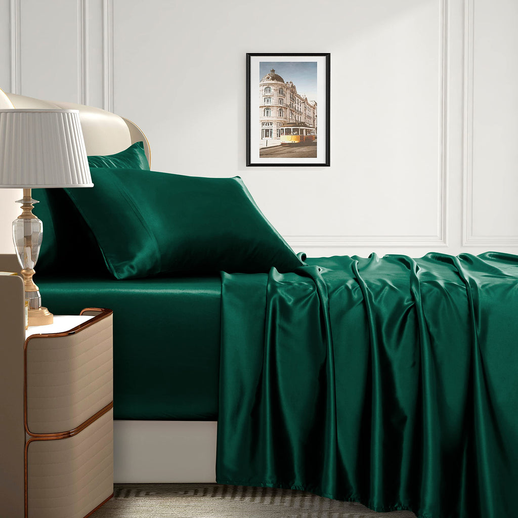 Homiest 4Pcs Extra Deep Pocket Satin Sheets King Size Bed Set, 18-24 Inch Deep Pocket Bed Sheets Blackish Green Satin Sheet Set, Silky Satin Bedding Set Soft Fitted Sheet Set Fits Ultra Deep Mattress