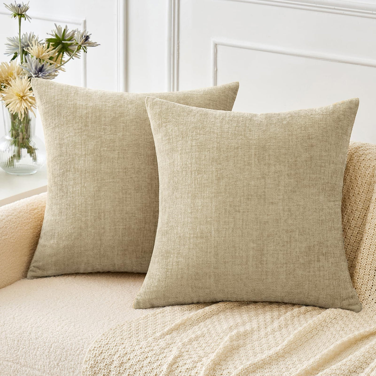 Miulee Pack Of 2 Beige Throw Pillow Covers 16X16 Inch Soft Chenille Pillow Covers For Sofa Living Room Couch Solid Dyed Cases