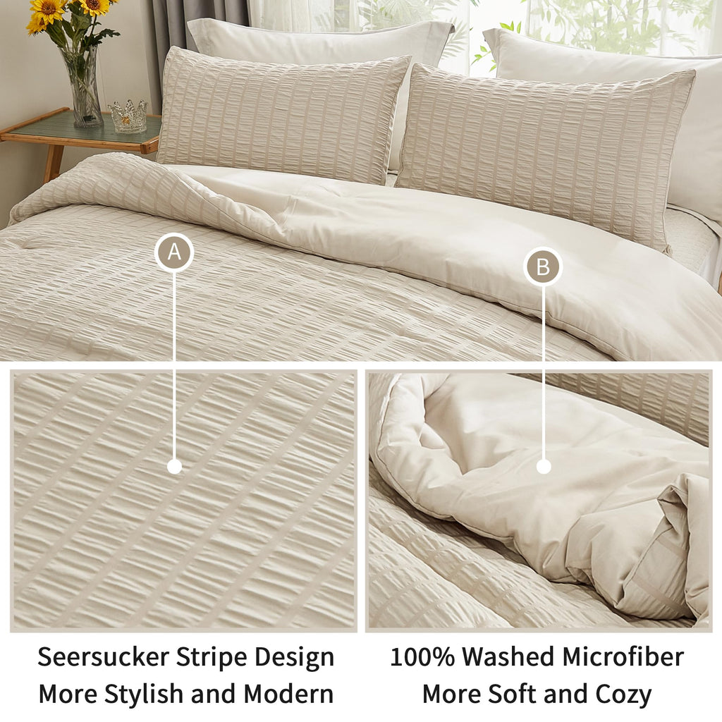 Avelom Beige Seersucker Full Comforter Set (80X90 Inches), 3 Pieces-100% Soft Washed Microfiber Lightweight Comforter With 2 Pillowcases, All Season Down Alternative Comforter Set For Bedding