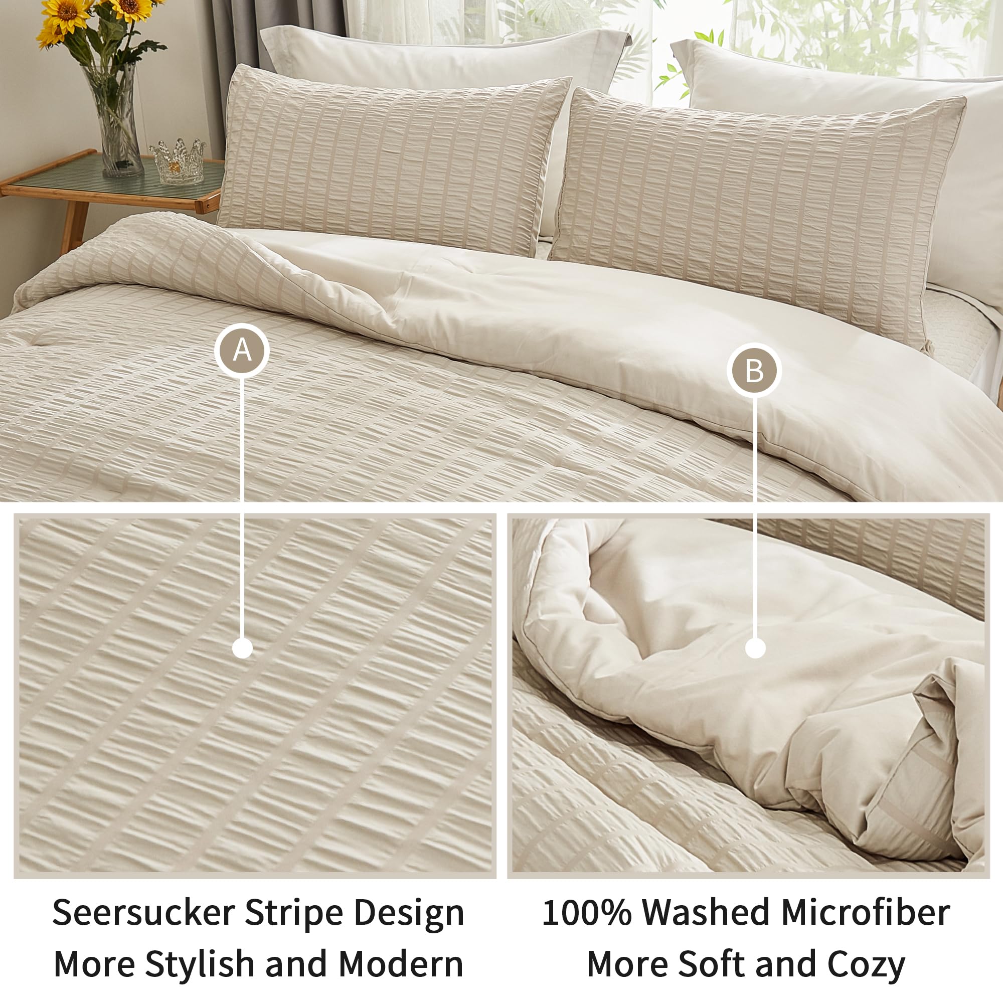 Avelom Beige Seersucker Queen Comforter Set (90X90 Inches), 3 Pieces-100% Soft Washed Microfiber Lightweight Comforter With 2 Pillowcases, All Season Down Alternative Comforter Set For Bedding