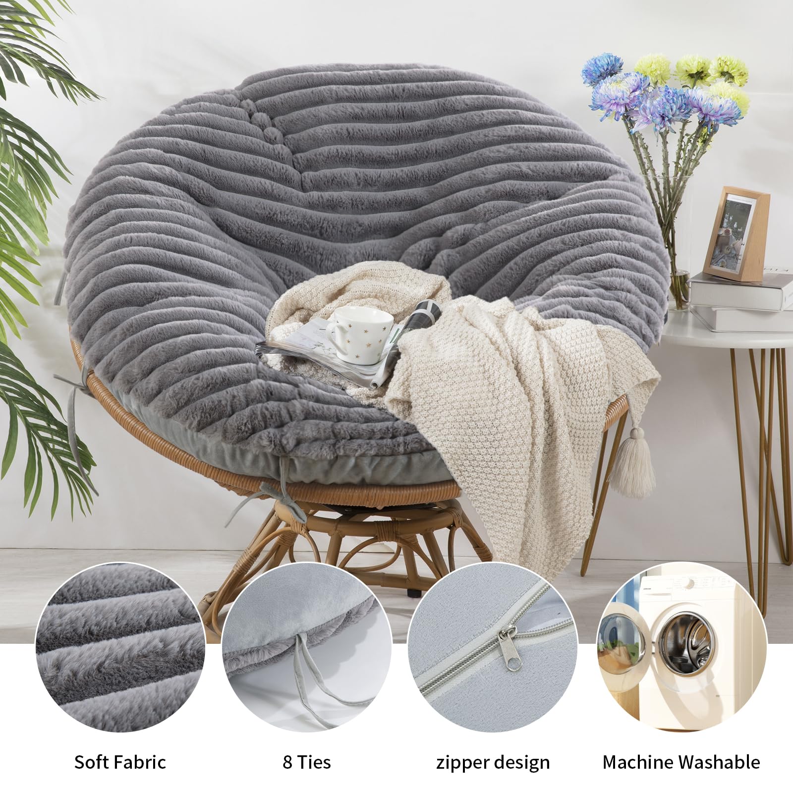 Hombys Fluffy Shaggy Cover For Papasan Chair Cushion, Plush Faux Fur Slipcover Only,(Without Cushion) Removable Soft Papasan Cus