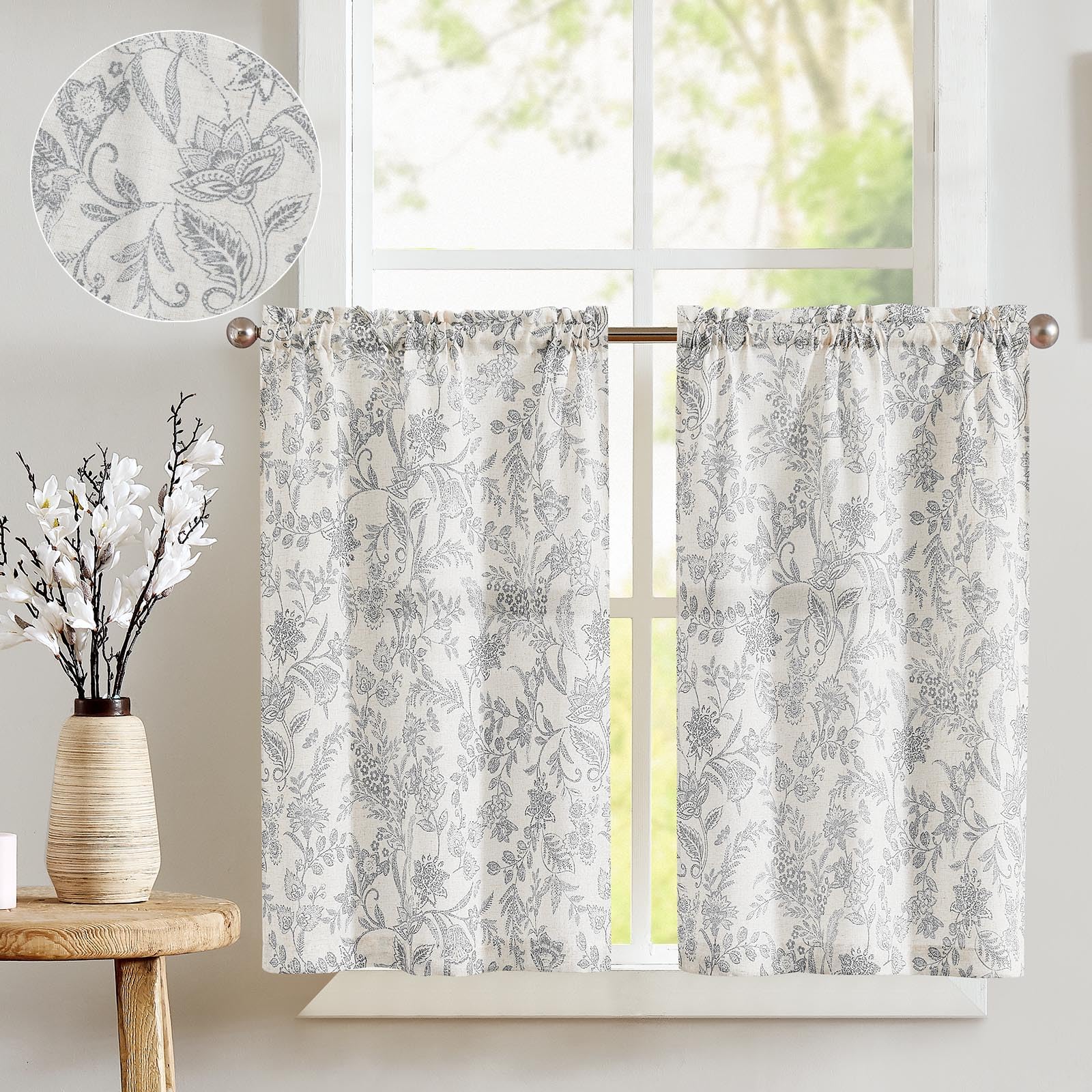 jinchan Floral Kitchen Curtains 24 Inch Gray Linen Tier Curtains Farmhouse Cafe Curtains Country Botanic Small Window Curtains R