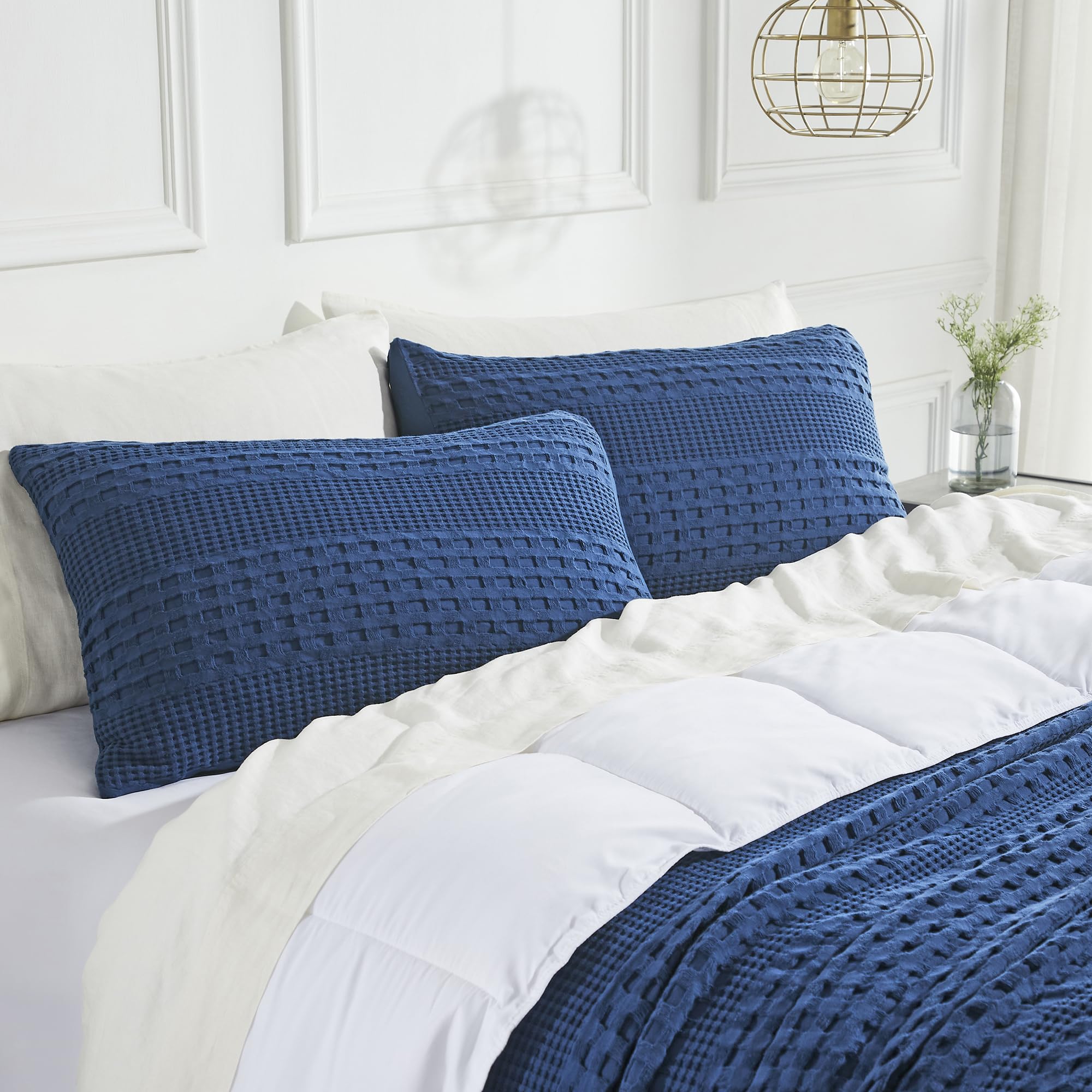 Vhc Brands 100% Cotton Waffle Weave Navy Blue King Size Sham Set Of 2 20X36, Decorative Throw Pillow Covers/Shams, Boho Farmhous