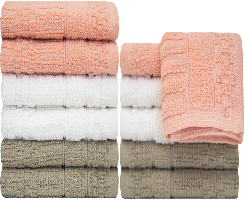 Ph Pleasant Home Diamond Wash Cloths Set - 12 Pack (12” X 12”) – 509 Gsm - 100% Ring Spun Cotton Wash Cloth - Super Soft And Highly Absorbent Face Towels (Blush, White & Tan)