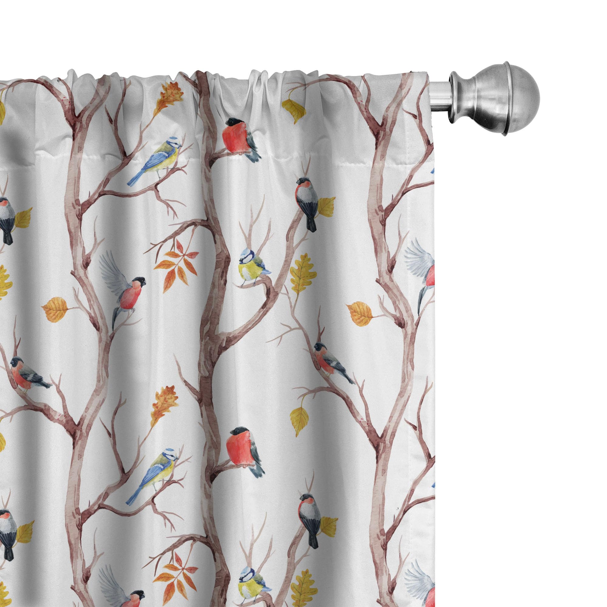 Ambesonne Autumn Window Curtains Pack of 2, Watercolor Birds on a Tree with Yellow Leaves During Fall Season, Lightweight Set wi