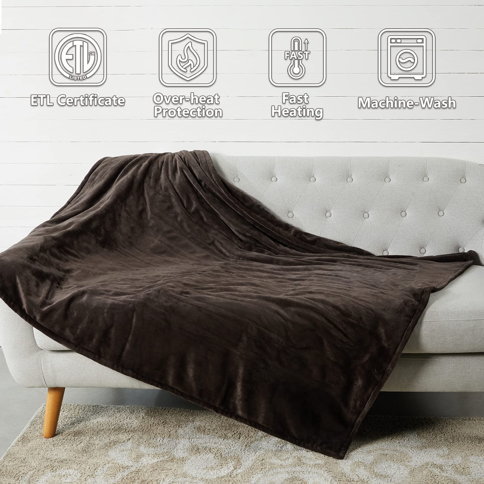 Tefici Electric Heated Blanket Throw, Super Cozy Soft 2-Layer Flannel 50'' X 60'' Heated Throw With 3 Heating Levels & 4 Hours A