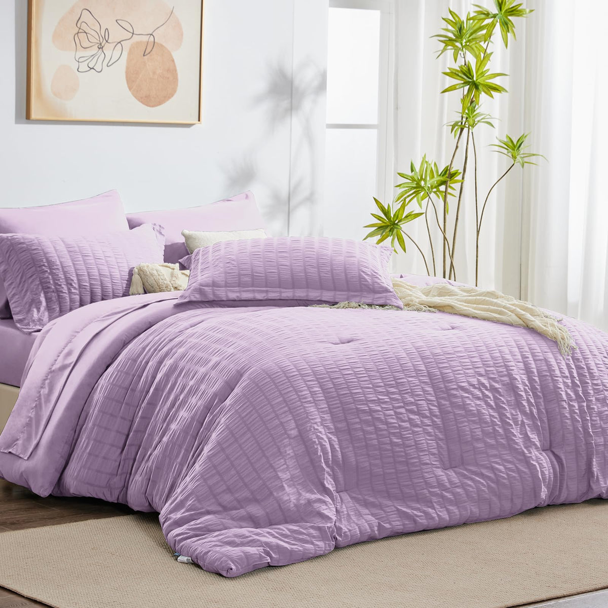 Cozylux King Seersucker Comforter Set With Sheets Light Purple Bed In A Bag 7-Pieces All Season Lavender Bedding Sets With Comforter, Pillow Sham, Flat Sheet, Fitted Sheet, Pillowcase