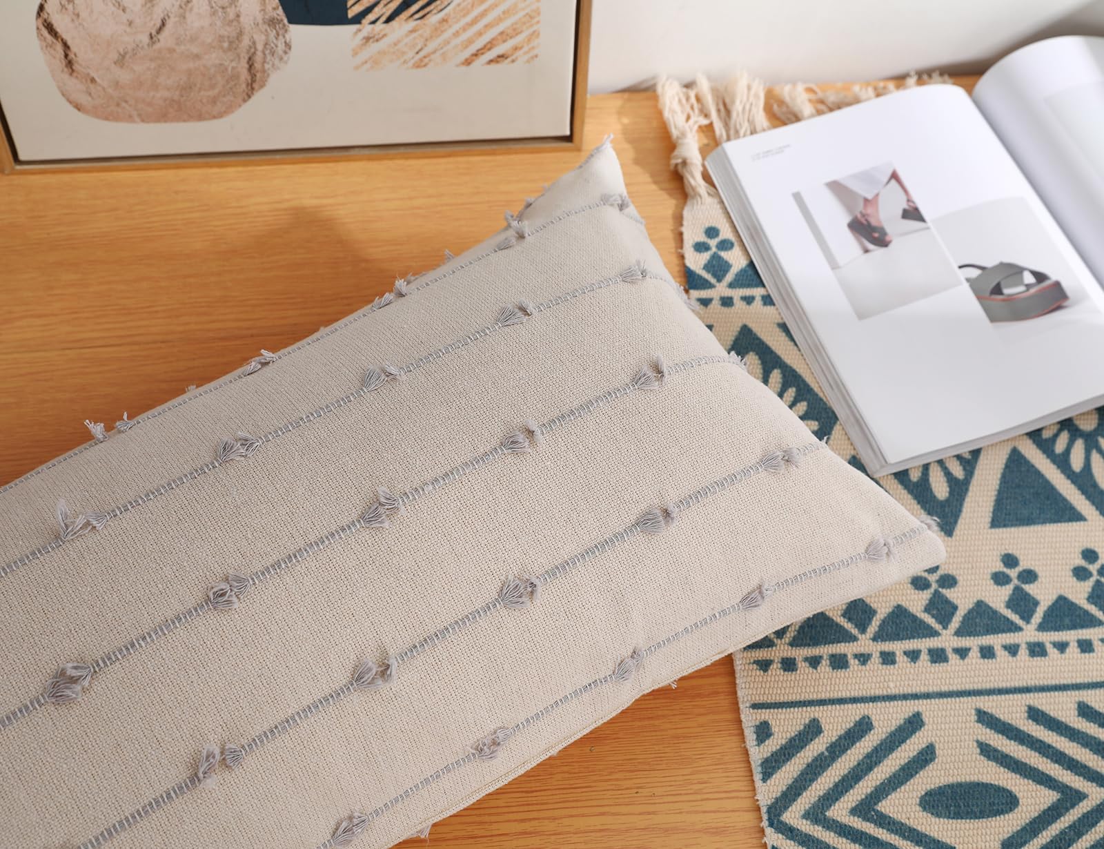 Nuyecy Boho Long Lumbar Pillow Covers 14 X 28 Stone Grey,Classic Striped Pattern Cotton Decorative Long Lumbar Pillow Cover Case