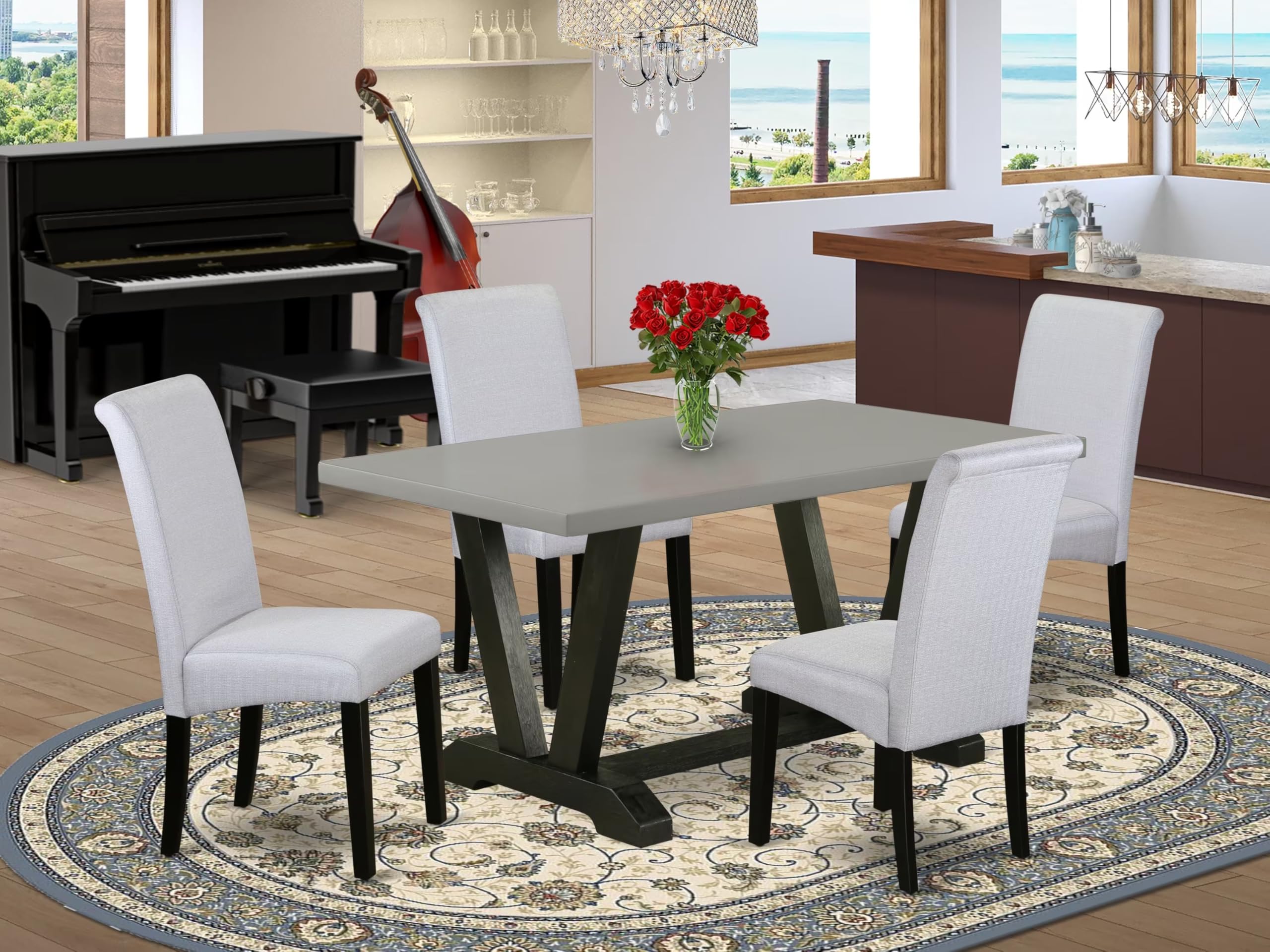 East West Furniture V696Ba105-5 5 Piece Dinette Set For 4 Includes A Rectangle Dining Room Table With V-Legs And 4 Grey Linen Fabric Parsons Dining Chairs, 36X60 Inch, Multi-Color