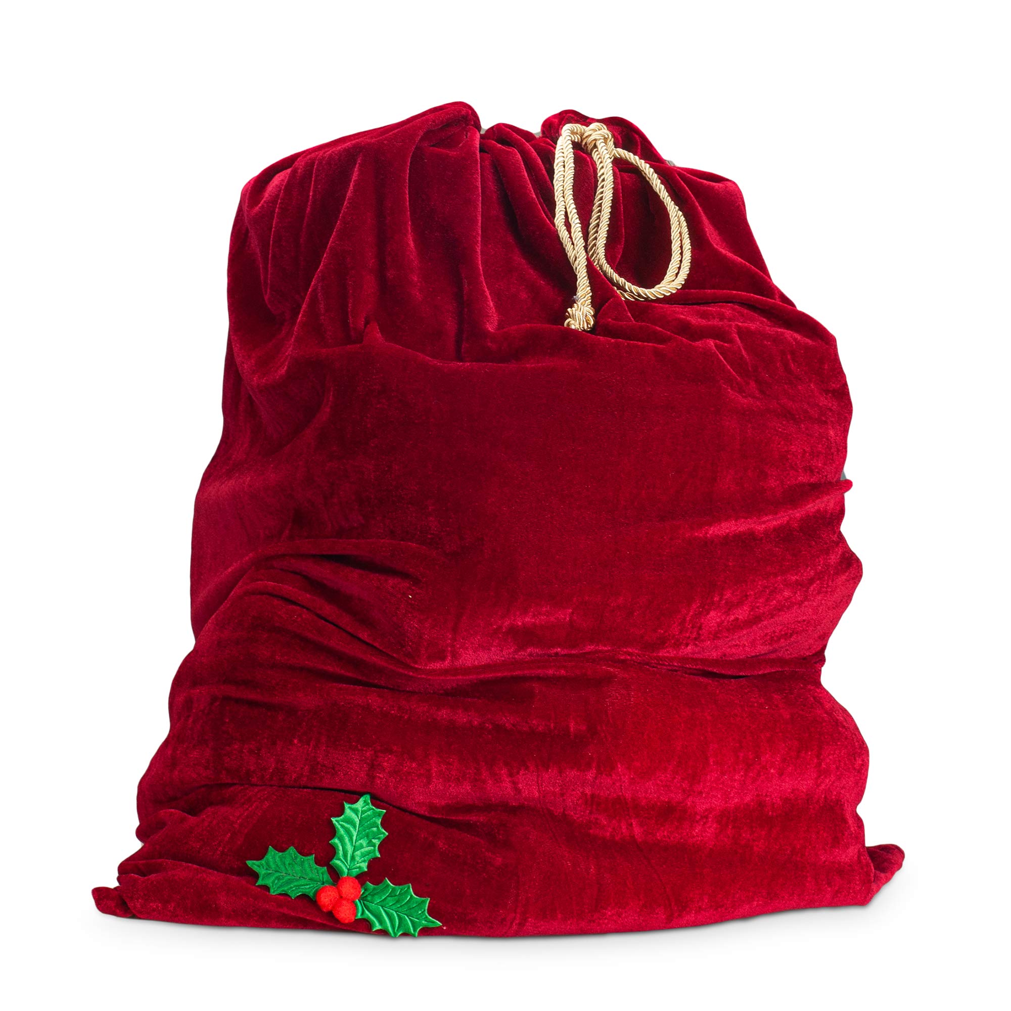 Sunnywood Santa Christmas Gift Bag Large Stretchy Velour Present Sack with Golden Drawstring, 36 x 27, Red Holly