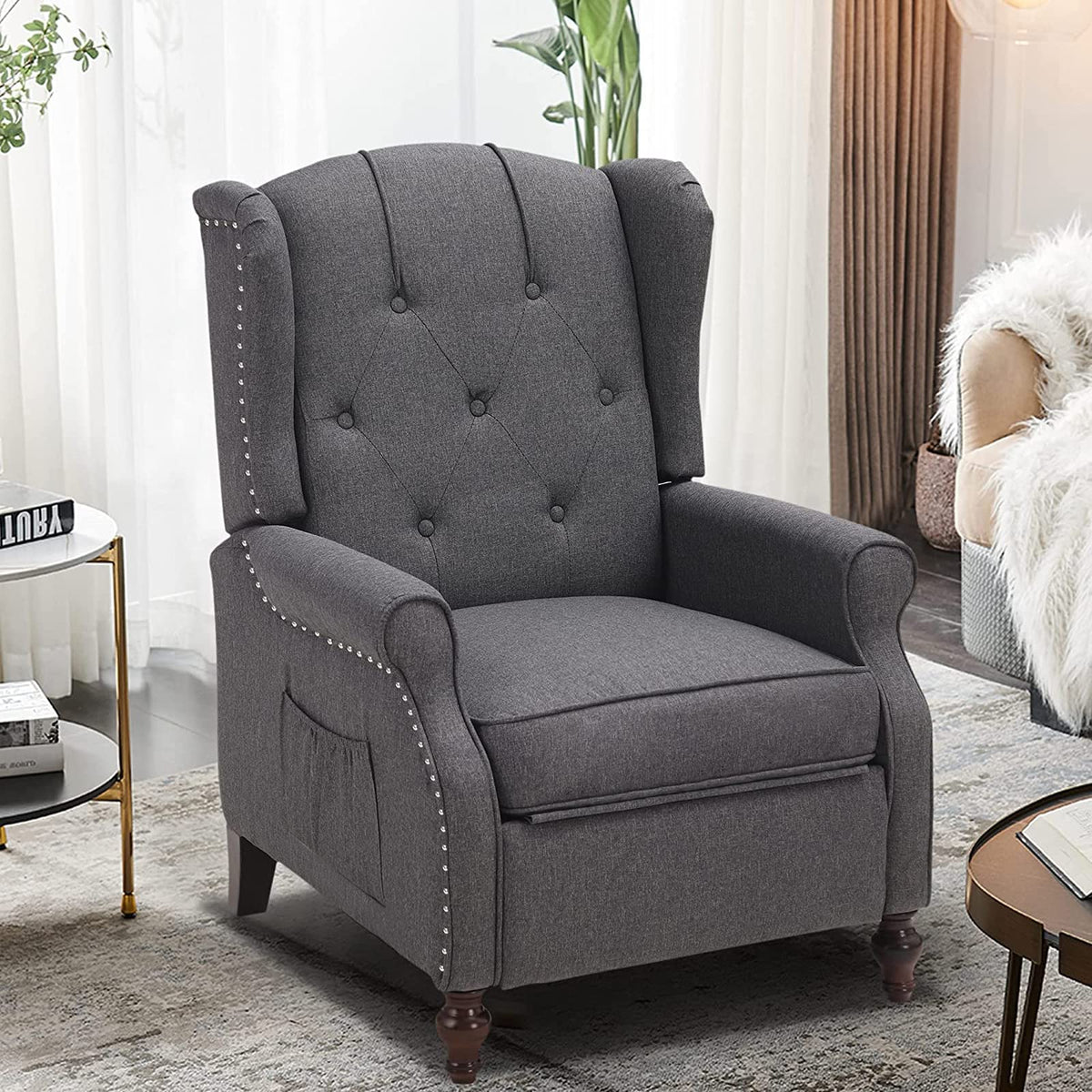Consofa Wingback Recliner With Massage And Heat, Tufted Fabric Push Back Chair For Living Room, Vintage Recliner With Remote Con