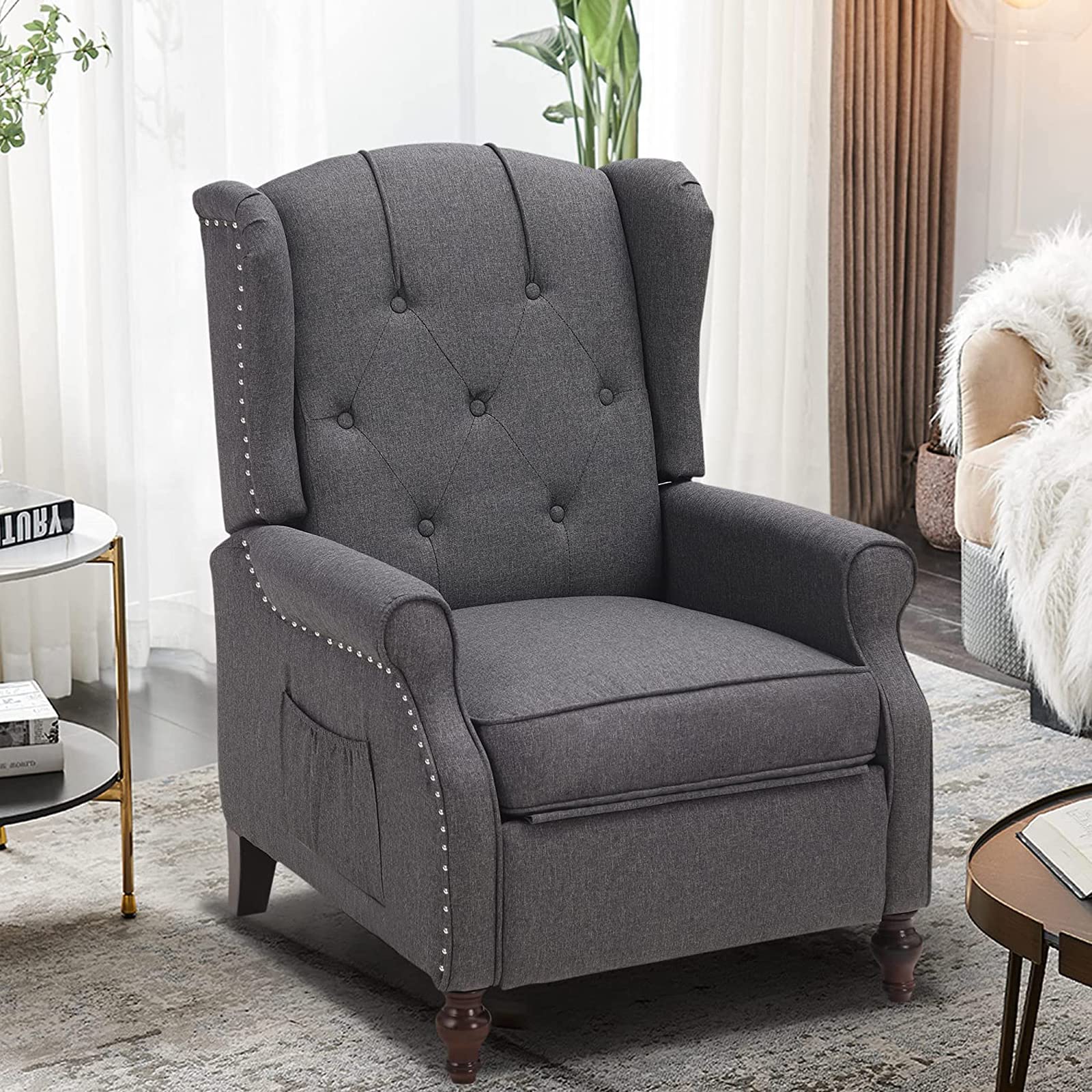 Consofa Wingback Recliner With Massage And Heat, Tufted Fabric Push Back Chair For Living Room, Vintage Recliner With Remote Con