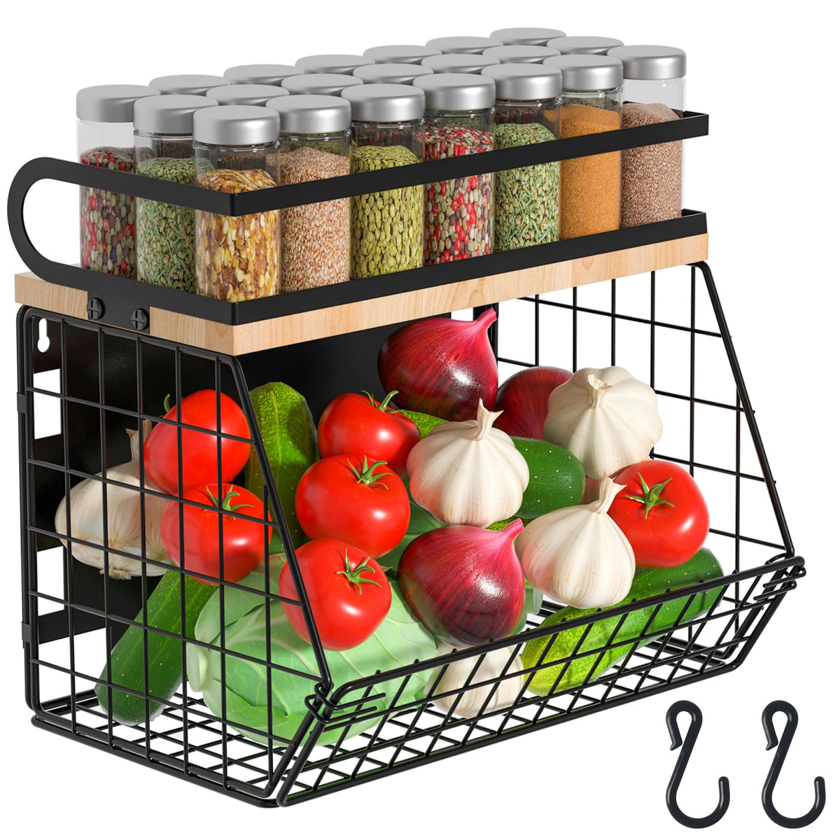 Uninol home Magnetic Shelf for Fridge with Wood Lid, Large Container Magnetic Spice Rack for Refrigerator,Fruit Potato and Onion