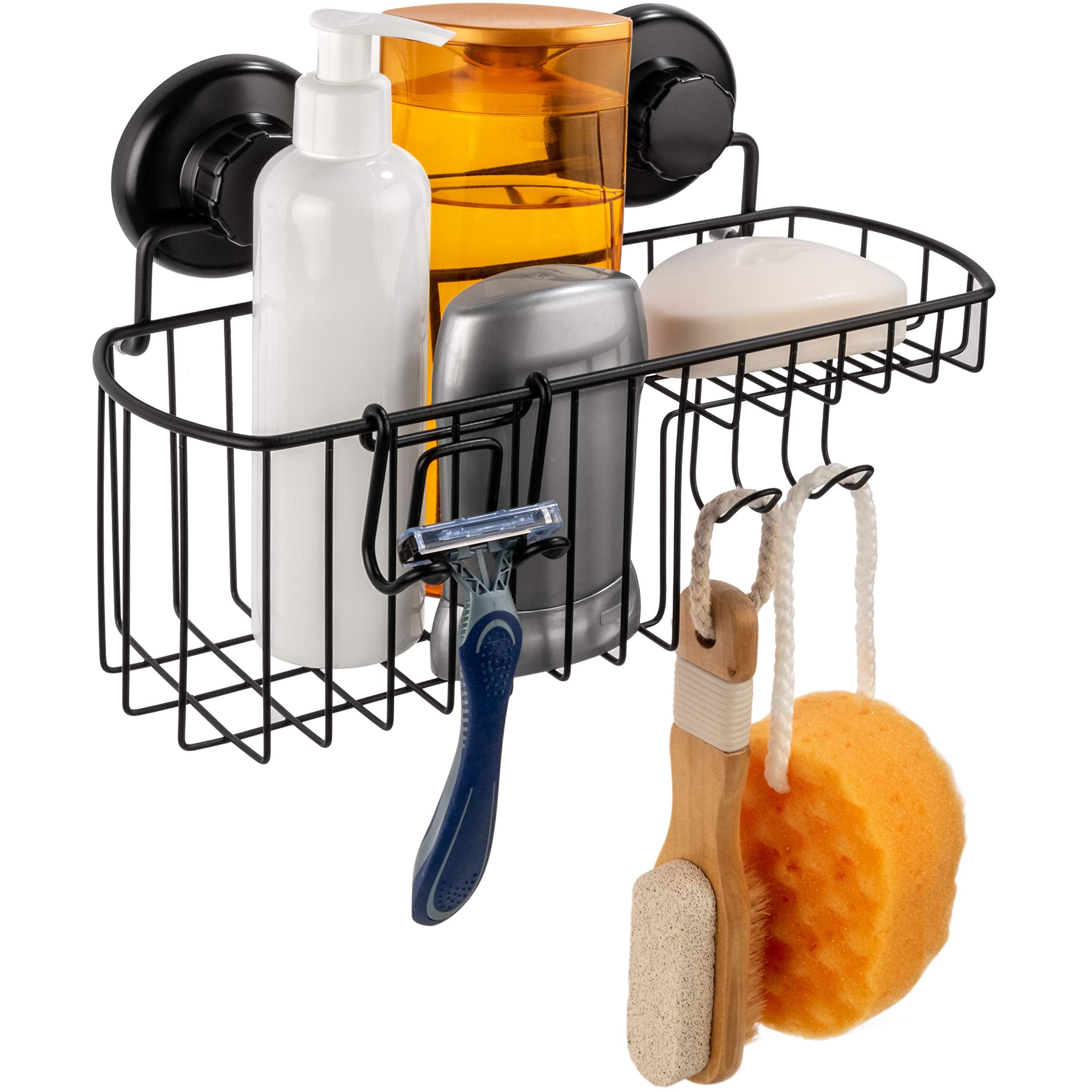 HASKO accessories Shower Caddy Suction Cup - Wall Mounted Bathroom Shelf with Hooks - Suction Shower Basket - Shower Shelf for B