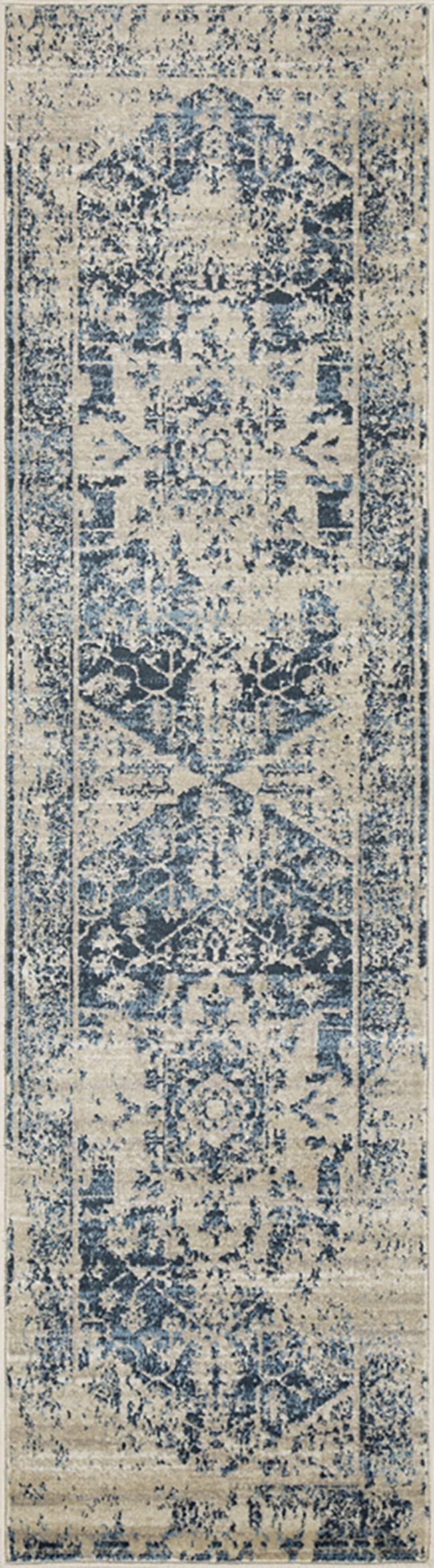 HomeRoots Ivory Heat-Set Polypropelene 3’ x 5’ Beige Blue Distressed Medallion Area Rug
