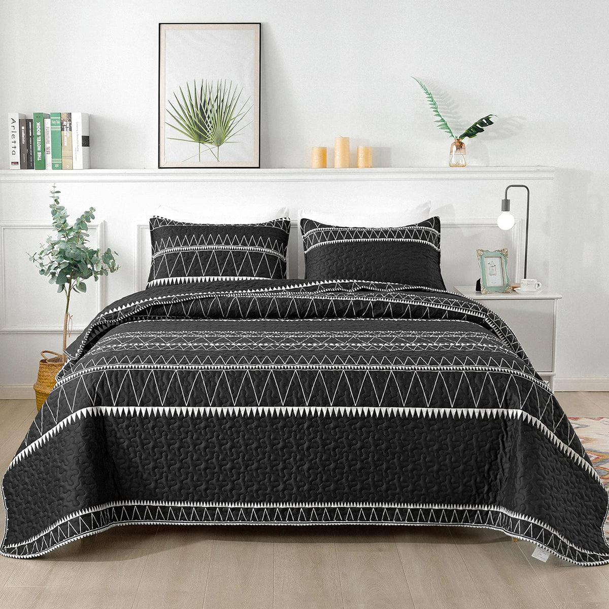 Andency Black Quilt Set King (106X96 Inch), 3 Pieces(1 Striped Triangle Printed Quilt And 2 Pillowcases), Bohemian Summer Lightw