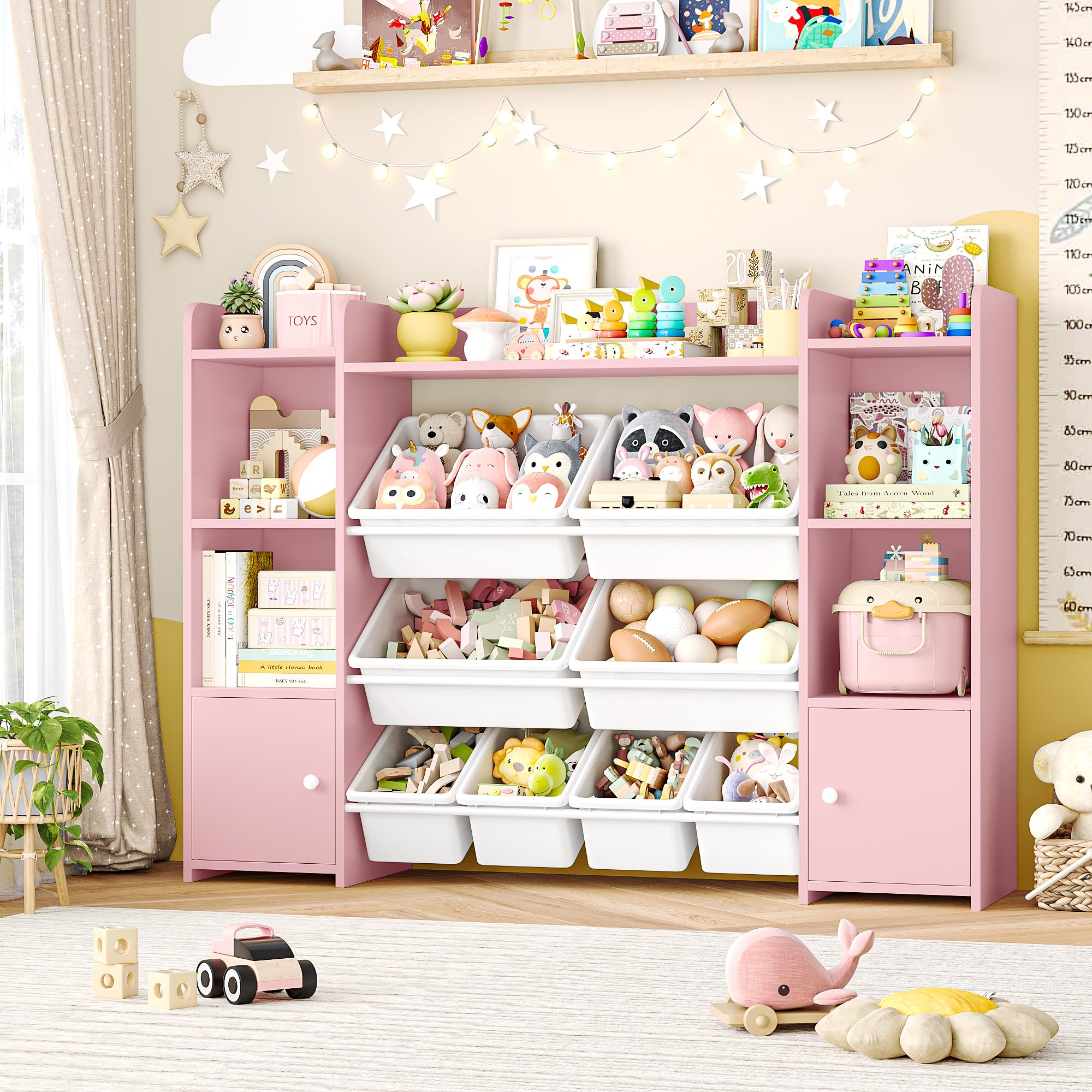 FOTOSOK 55Large Toy Storage Organizer with 8 Toy Bins, Toy Organizers and Storage with Shelf and 6 Storage Cubbies, Bookshelf 