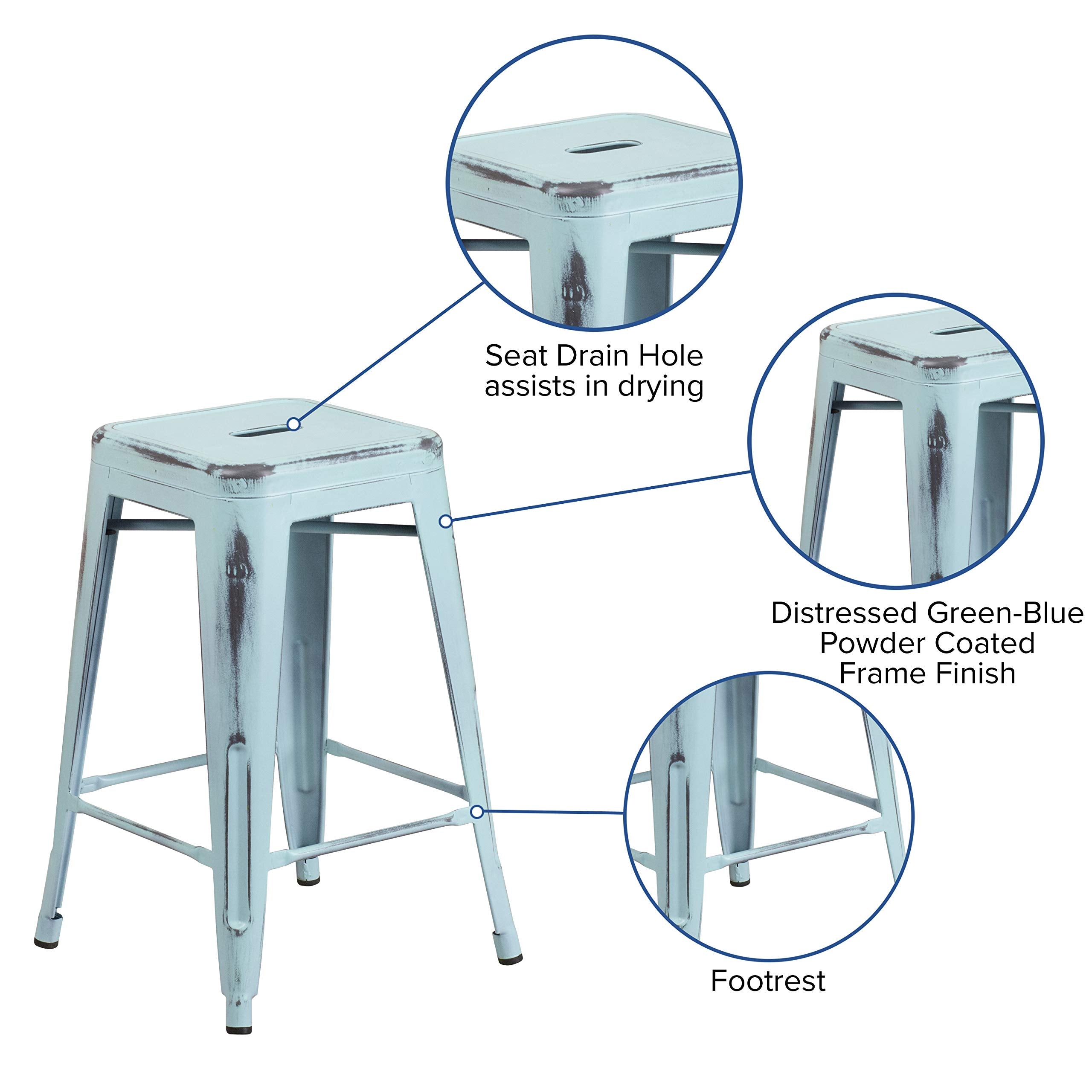Flash Furniture Commercial Grade 24' High Backless Distressed Green-Blue Metal Indoor-Outdoor Counter Height Stool