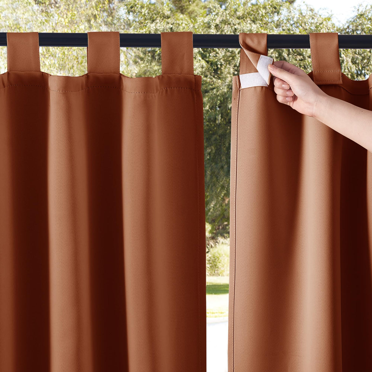 Nicetown 2 Pieces Outdoor Curtainss For Pergola Waterproof, Self-Sticky Tab Top Blackout Indoor Outdoor Public Dividers Vertical