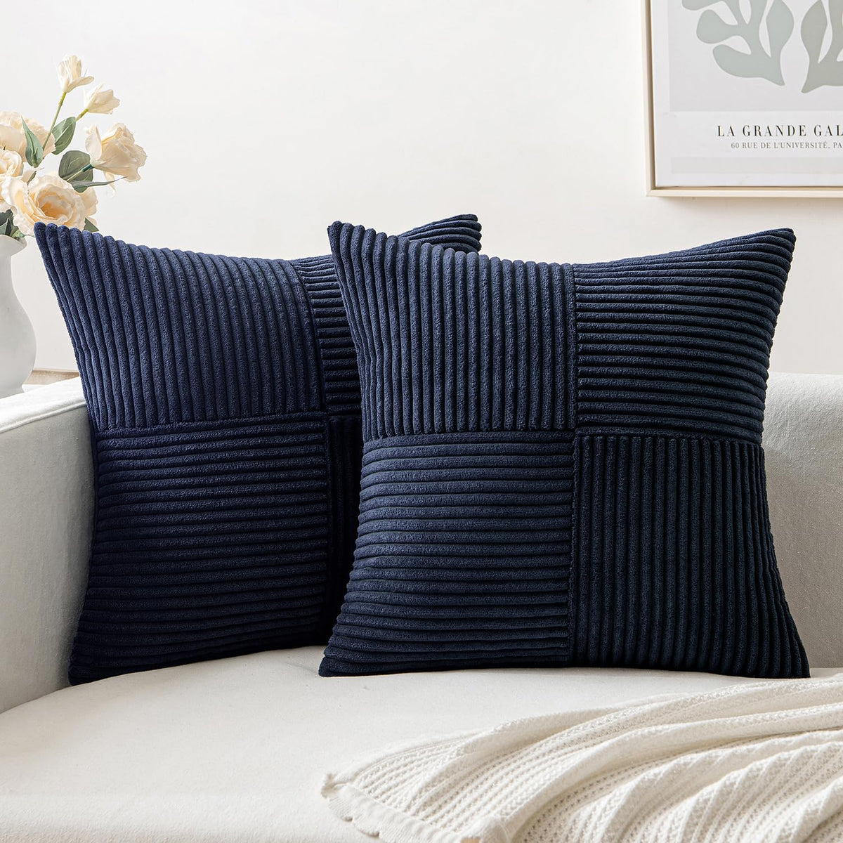 Miulee Dark Blue Corduroy Pillow Covers Pack Of 2 Boho Decorative Spliced Throw Pillow Covers Soft Solid Couch Pillowcases Cross