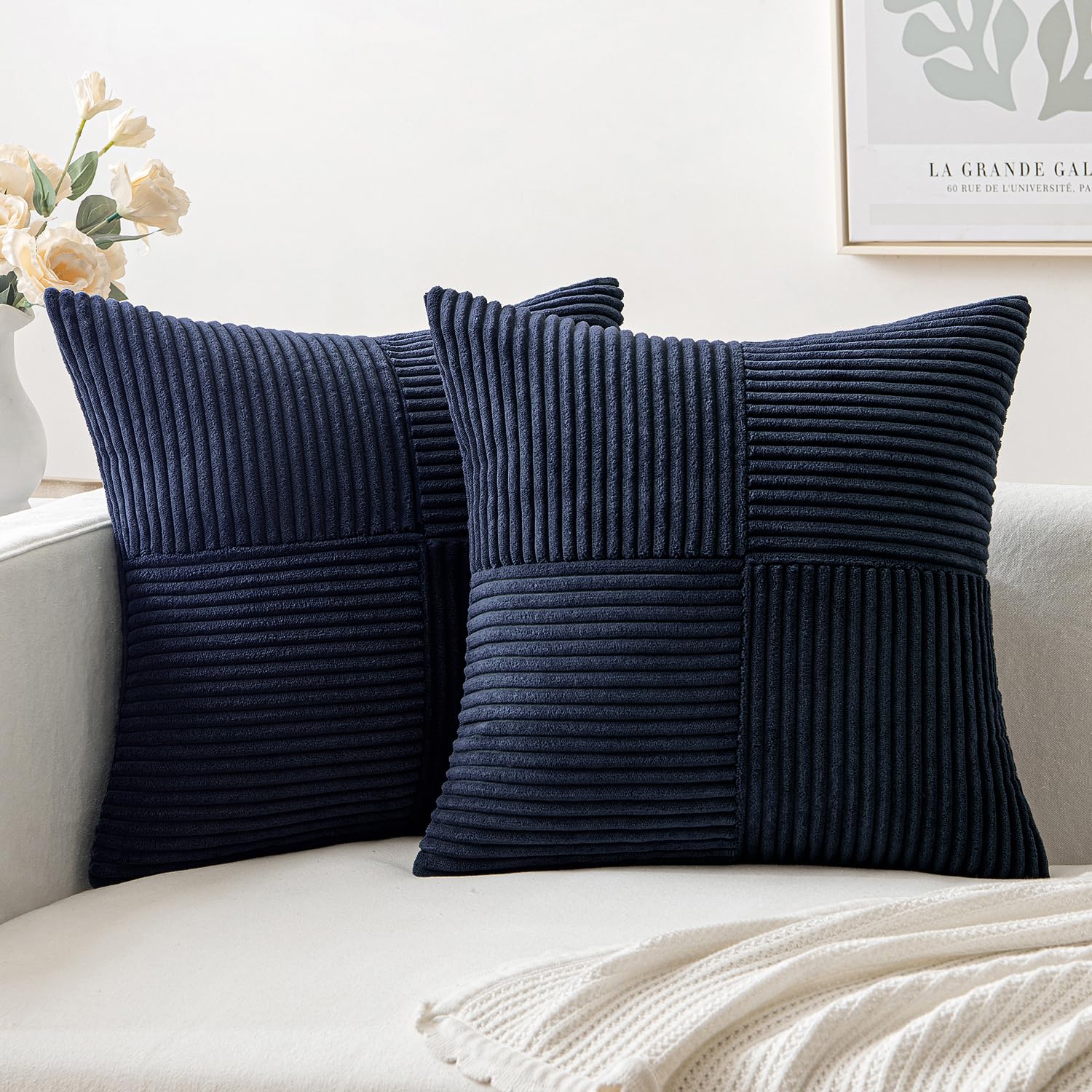 Miulee Dark Blue Corduroy Pillow Covers Pack Of 2 Boho Decorative Spliced Throw Pillow Covers Soft Solid Couch Pillowcases Cross
