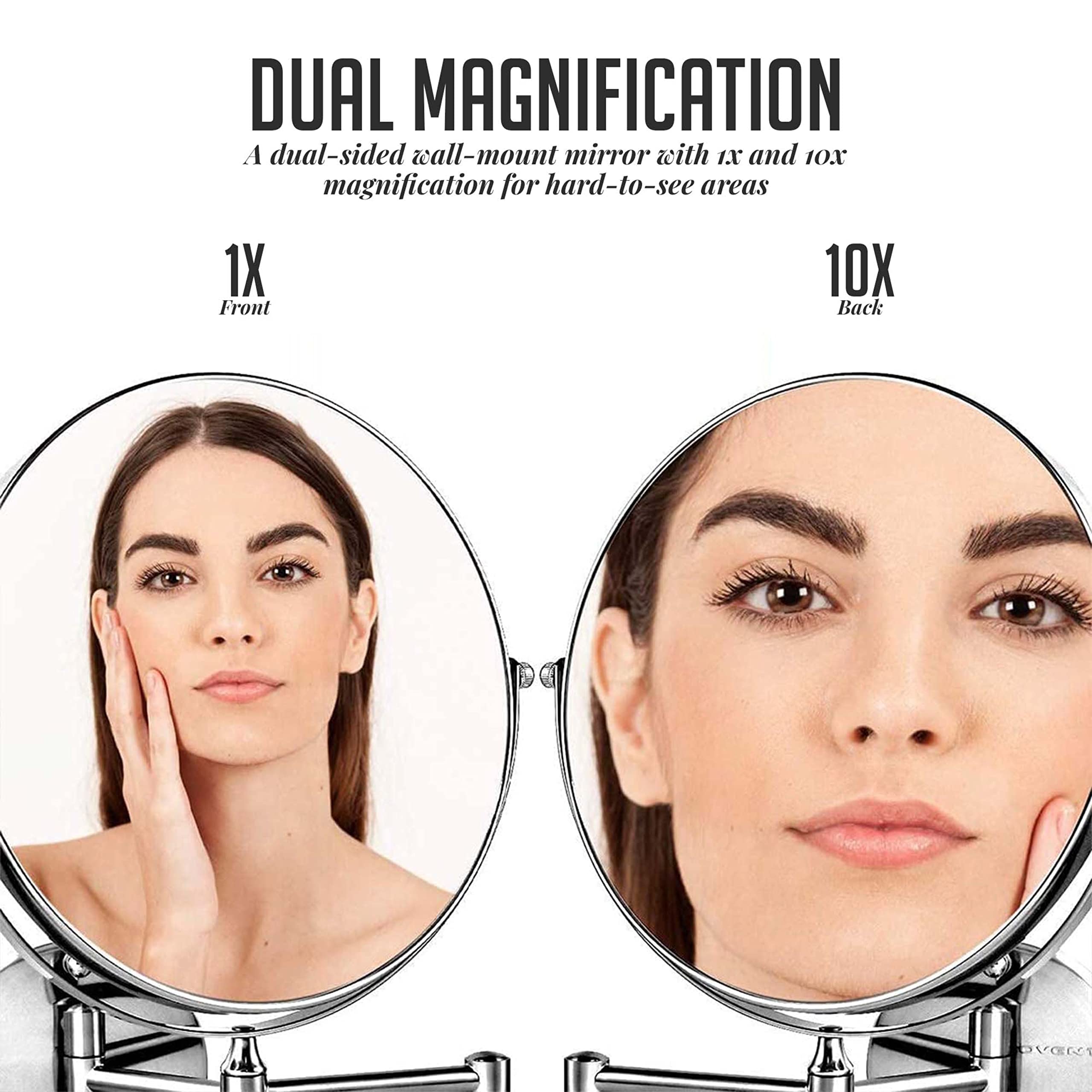Ovente 9' Wall Mounted Makeup Mirror - 1X/ 10X Magnification, Rotating 360-Degree, Double-Sided, Extendable & Folding Arm, Clea
