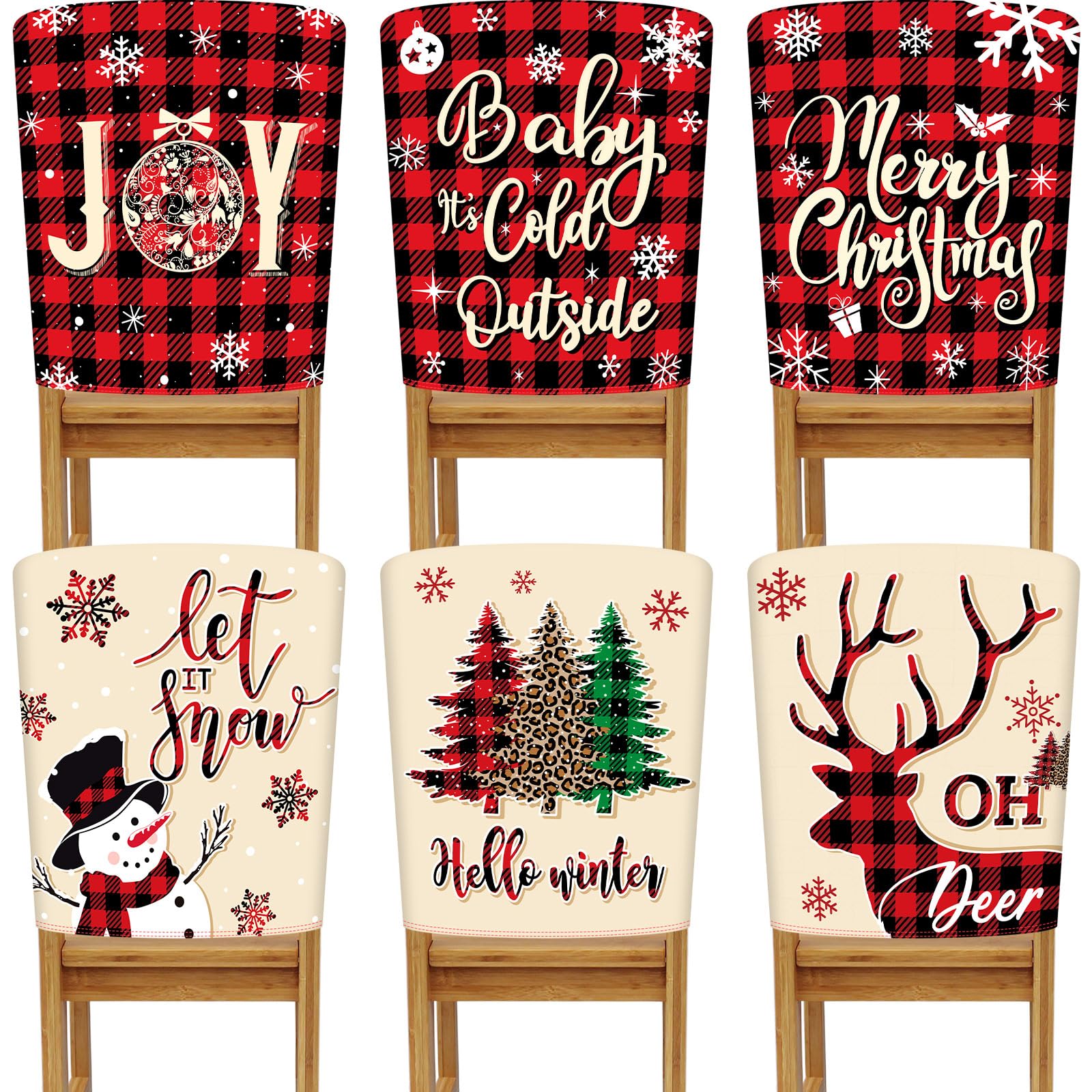 Buryeah 6 Pcs Christmas Elastic Chair Covers 6 Styles Christmas Chair Back Covers Buffalo Plaid Cream Color Dining Room Chair Co