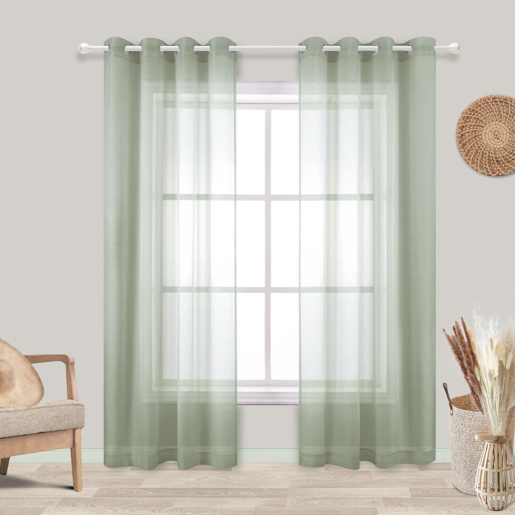 Koufall Sage Green Grommet Faux Linen Sheer Curtains 52X90 Inch Length