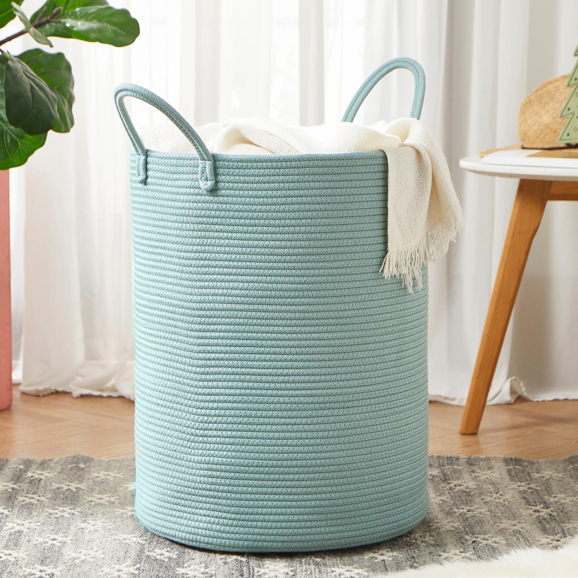 MOJOSCEND Cotton Rope Laundry Hamper Basket, 15Dx20H inches Tall Woven Laundry Basket, Large Clothes Hamper for Bedroom