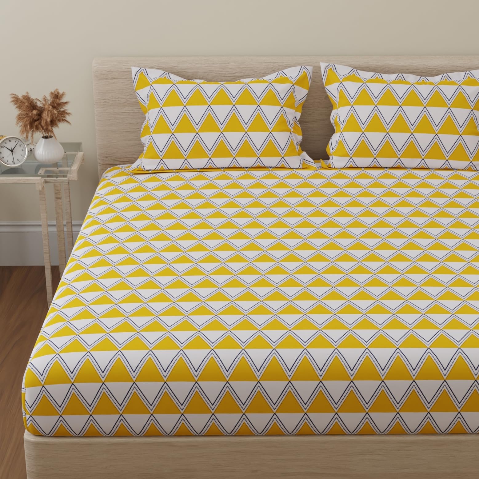 Huesland By Ahmedabad Cotton 144 Tc Cotton Bedsheet For Double Bed King Size With 2 Pillow Covers | Yellow & White