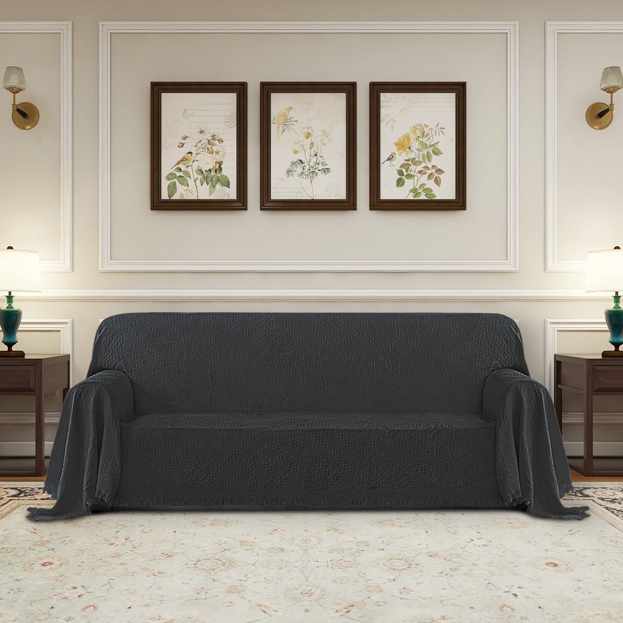 Purefit Geometric Jacquard Throw Sofa Cover - Textured Soft Washable Decorative Couch Covers For 3 Cushion Couch, Throw Cover With Tassels Furniture Protector For Pets, Kids (Large, Dark Gray)