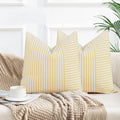 Farmhouse Pillow Covers 22X22, Modern Accent Square Throw Pillow Covers Set Of 2, Yellow And Beige Striped Patchwork Linen Decor
