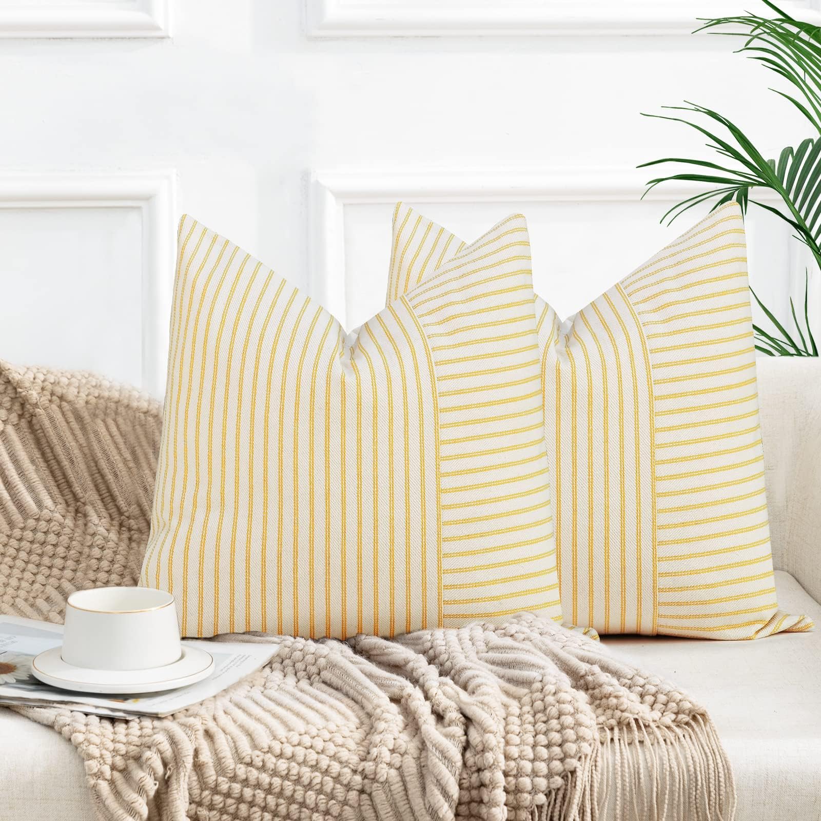 Farmhouse Pillow Covers 22X22, Modern Accent Square Throw Pillow Covers Set Of 2, Yellow And Beige Striped Patchwork Linen Decor