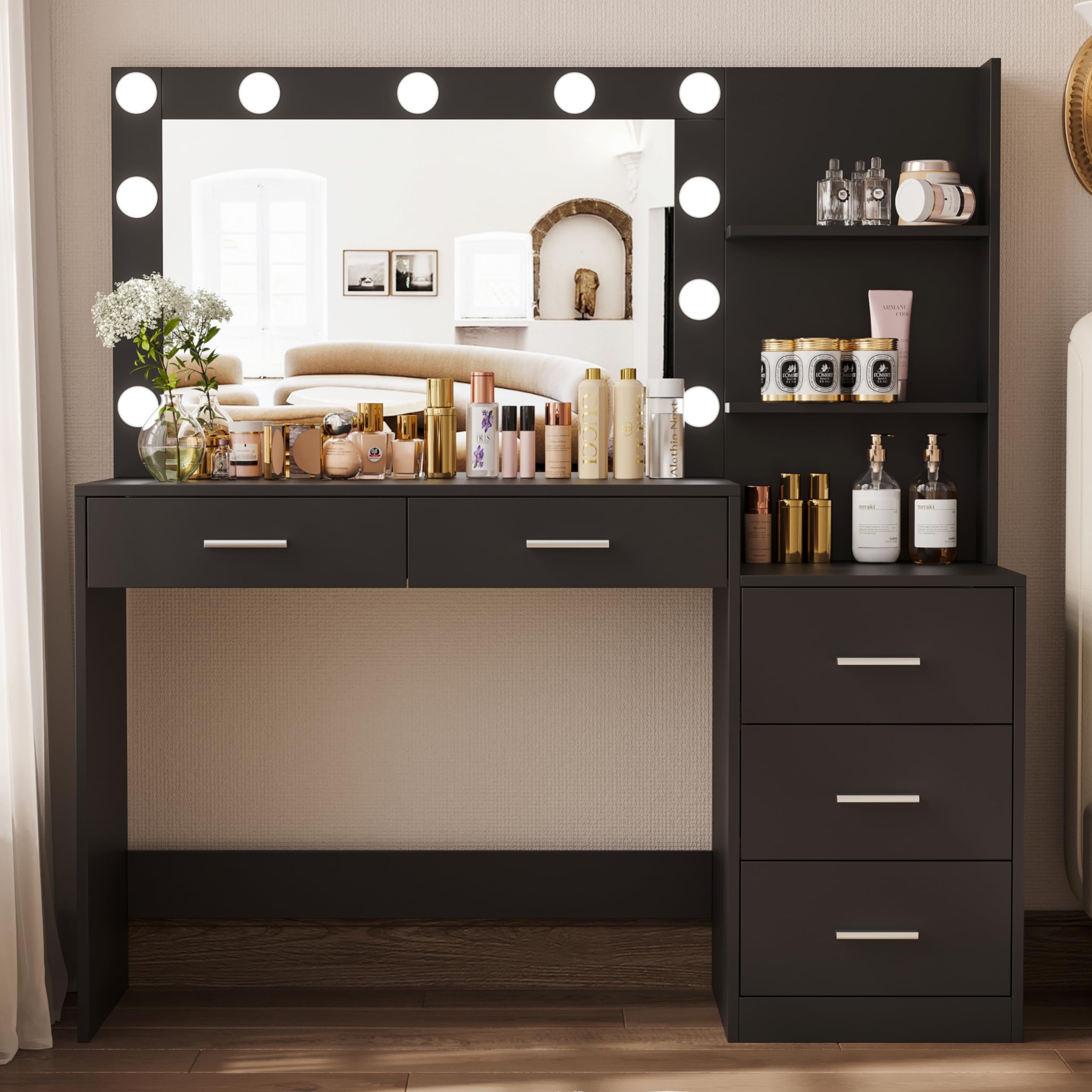 Rovaurx 46.7 Black Makeup Vanity Table with Lighted Mirror, Large Vanity Desk with Storage Shelf & 5 Drawers, Bedroom Dressing T