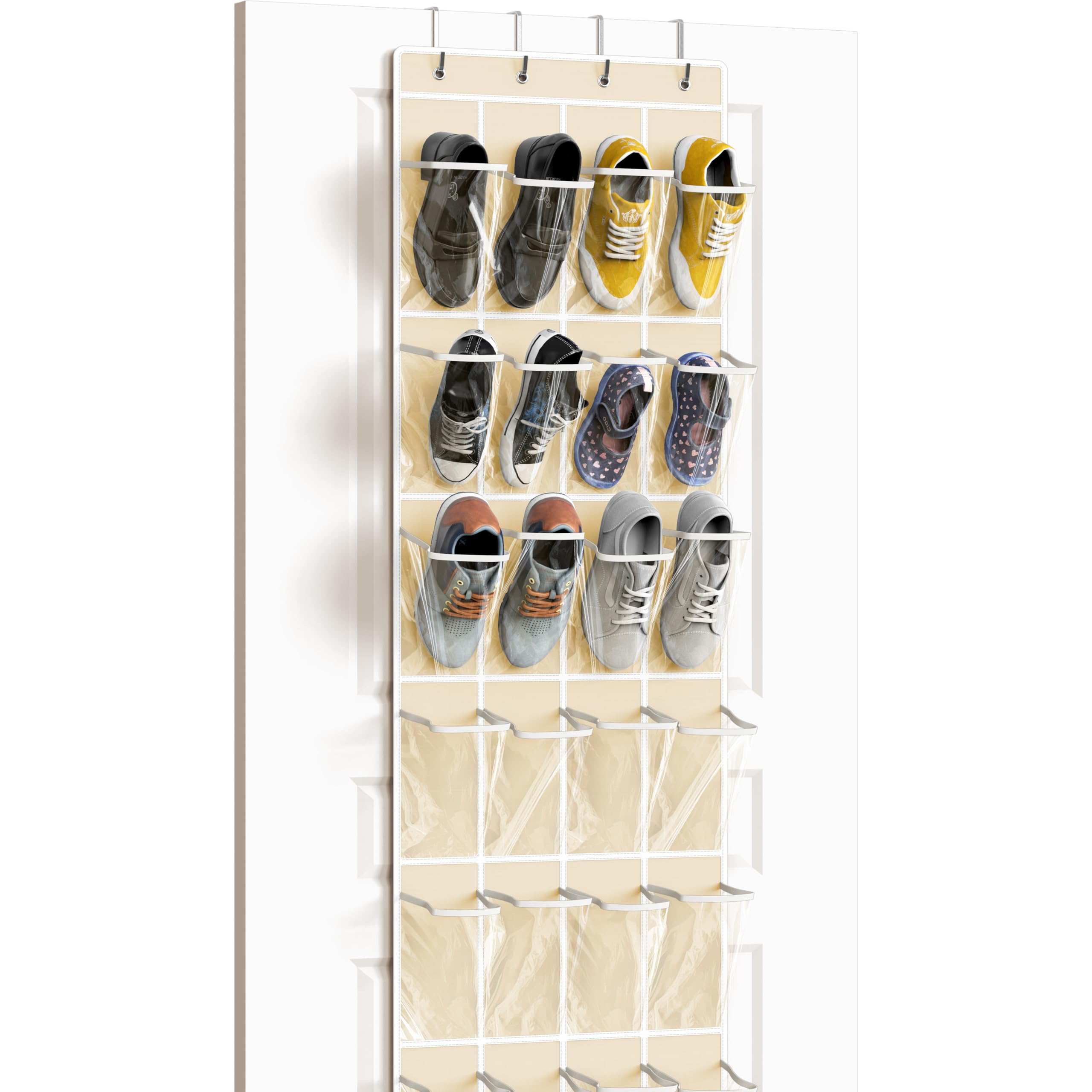 Simple Houseware 24 Pockets - Crystal Clear Over The Door Hanging Shoe Organizer, Beige (64 x 19)