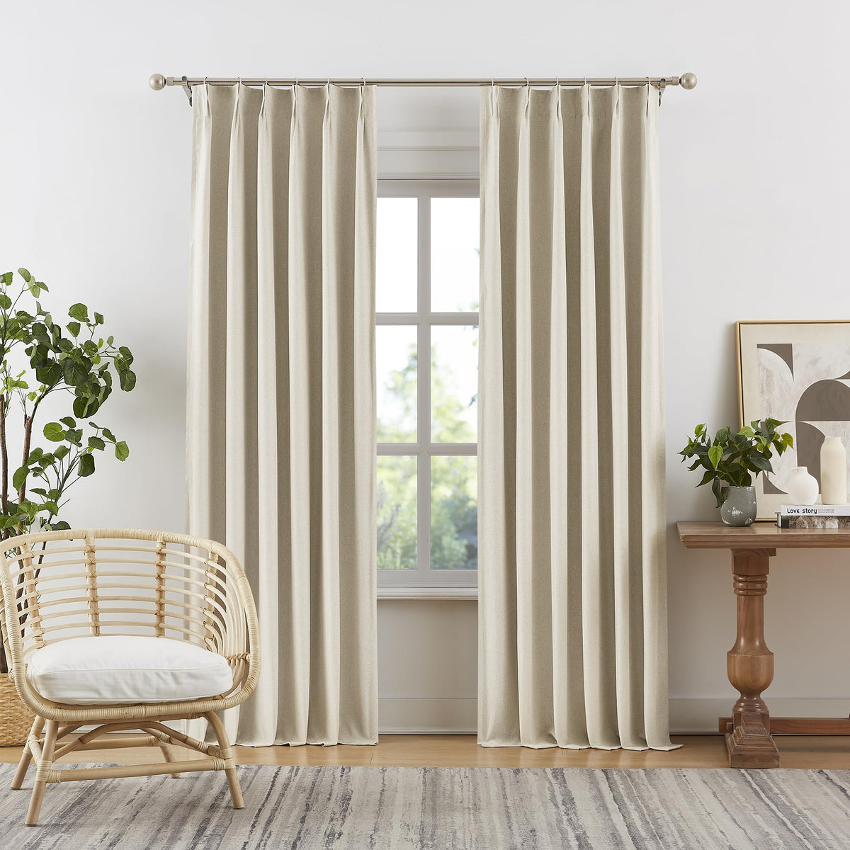 Dualife 90 Inch Cream Curtains Blackout Pinch Pleat,Total Blackout Thermal Soundproof Country Linen Curtains For Living Room Tra
