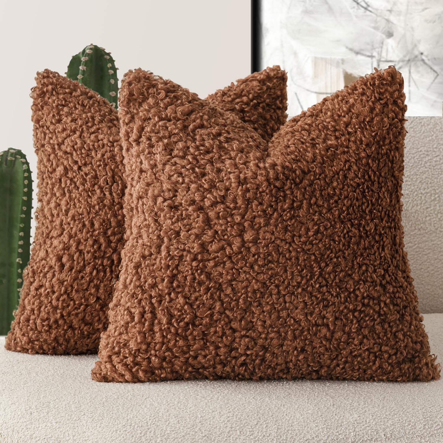 Foindtower 2 Pieces 20X20 Inch Hazel Brown,Faux Fur Throw Pillow Cover Accent Sherpa Furry Pillow Covers Fuzzy Soft Pillowcases