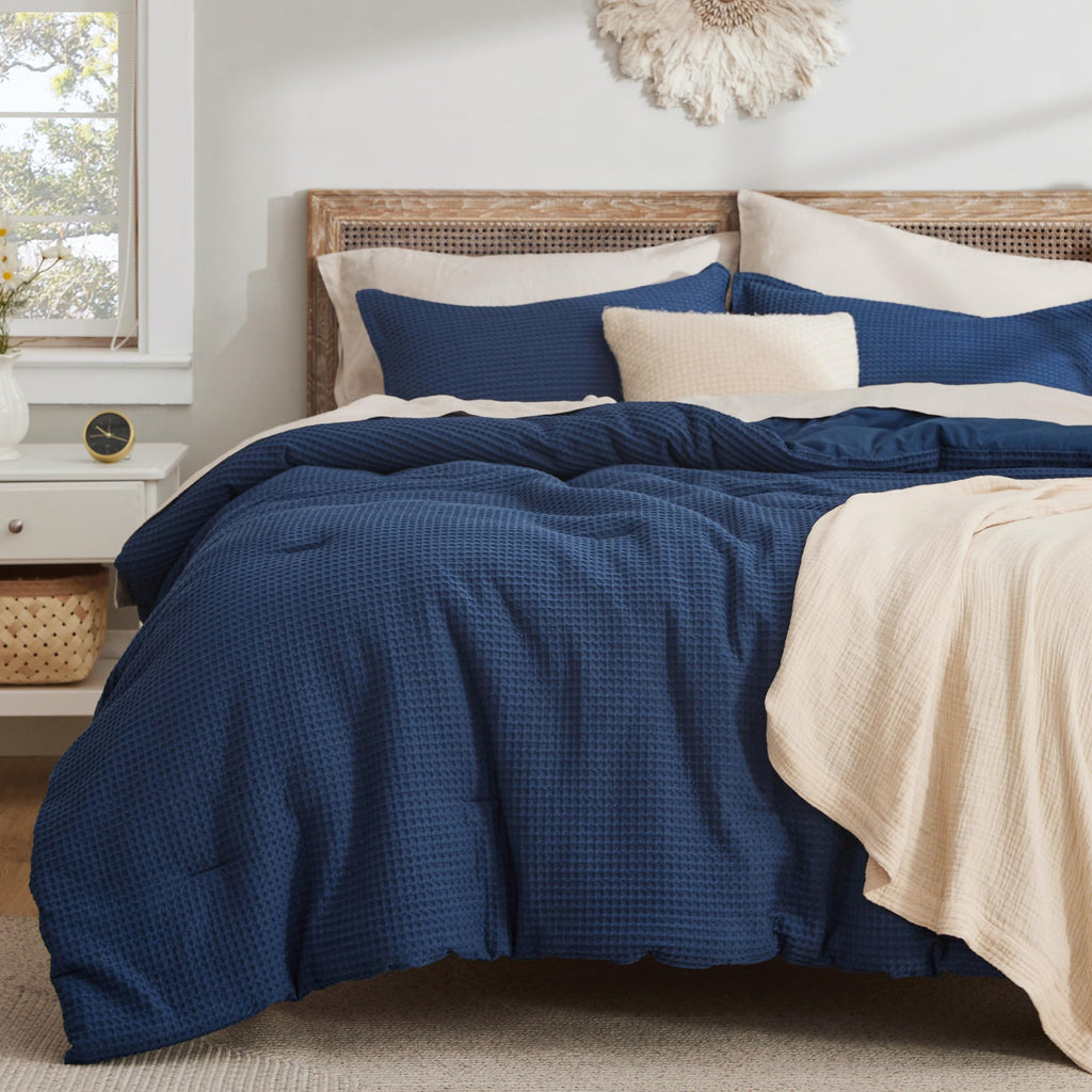 Bedsure Waffle Comforter Set King, Navy Soft Cotton Bedding Set For All Seasons, Waffle Weave Bed Set, 3 Pieces, 1 Comforter (104'X90') And 2 Pillow Shams, Premium Cotton Cover With Polyester Fill