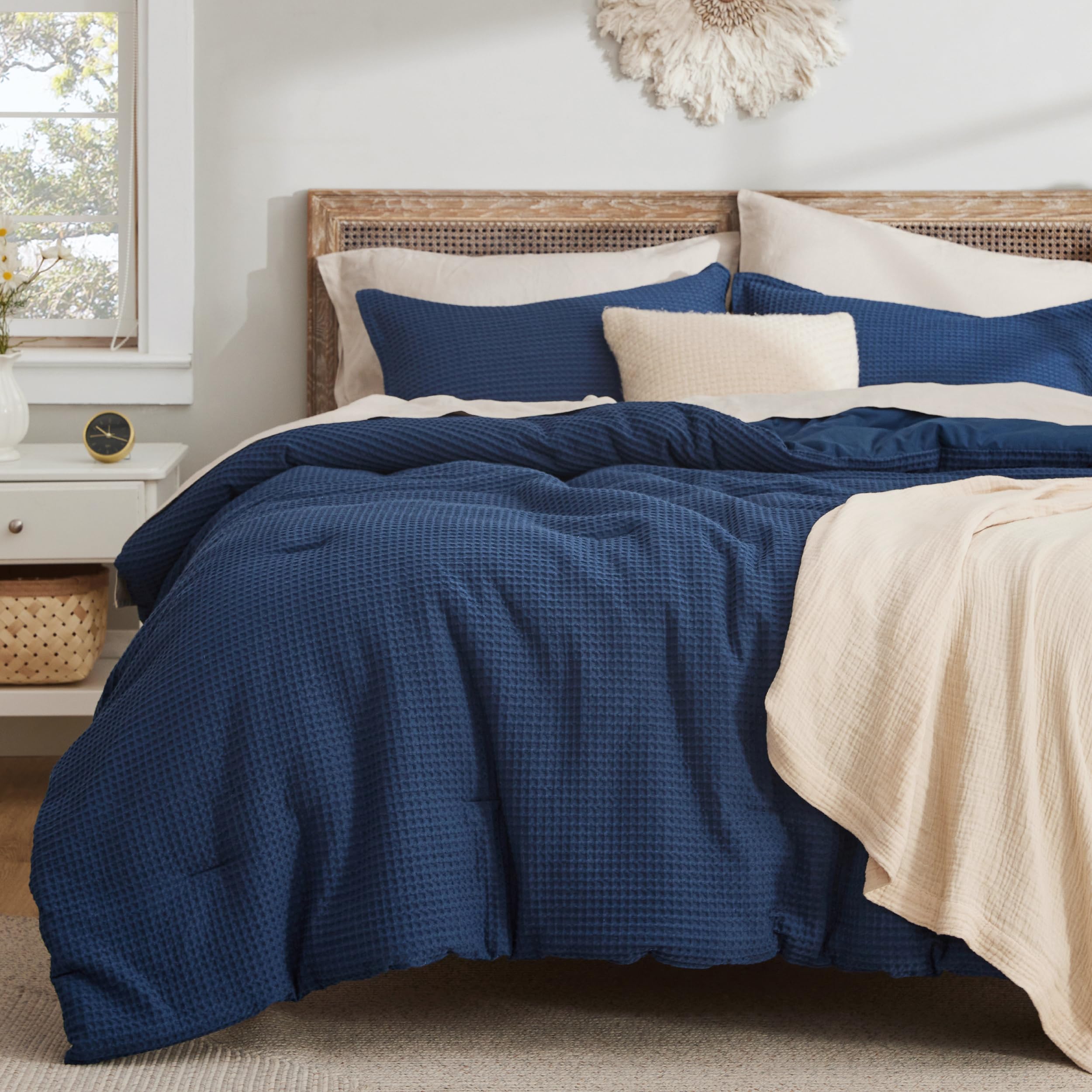 Bedsure Waffle Comforter Set King, Navy Soft Cotton Bedding Set For All Seasons, Waffle Weave Bed Set, 3 Pieces, 1 Comforter (104'X90') And 2 Pillow Shams, Premium Cotton Cover With Polyester Fill