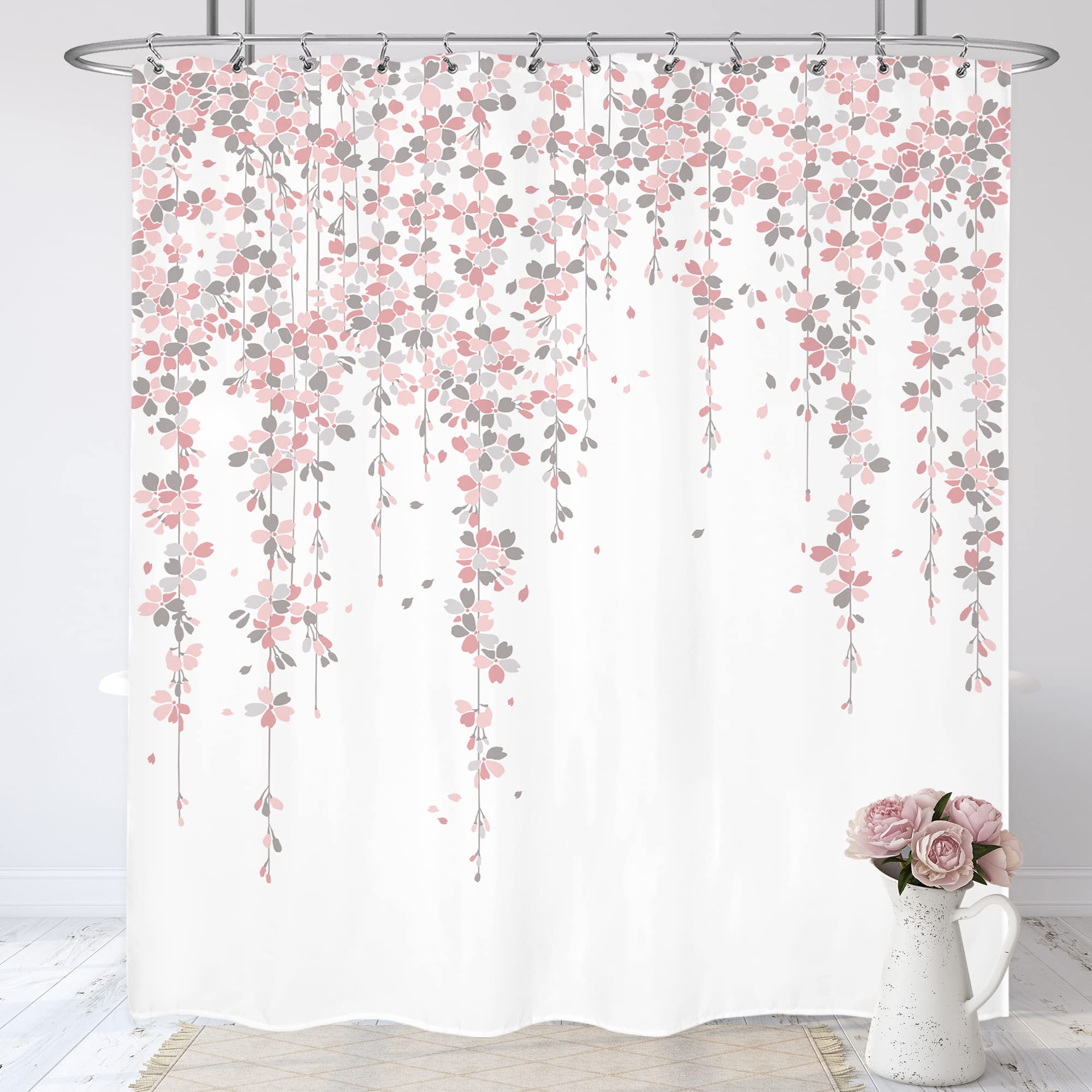 LIGHTINHOME Grey Pink Floral Shower Curtain 72Wx72H Inches Dusty Rose Cherry Blossom Blooming Weeping Flowers Spring Bathroom Ho