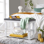 SONGMICS Bamboo Shoe Bench, 3-Tier Shoe Rack, 330 lb Capacity, 28" x 19.3", White and Gray