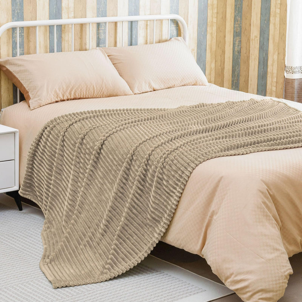 Bnuitland Light Camel Flannel Throw (50X70 Inches) With Storage Pouch,300Gsm Super Soft Fleece Stripe Pattern Sofa Blanket For A