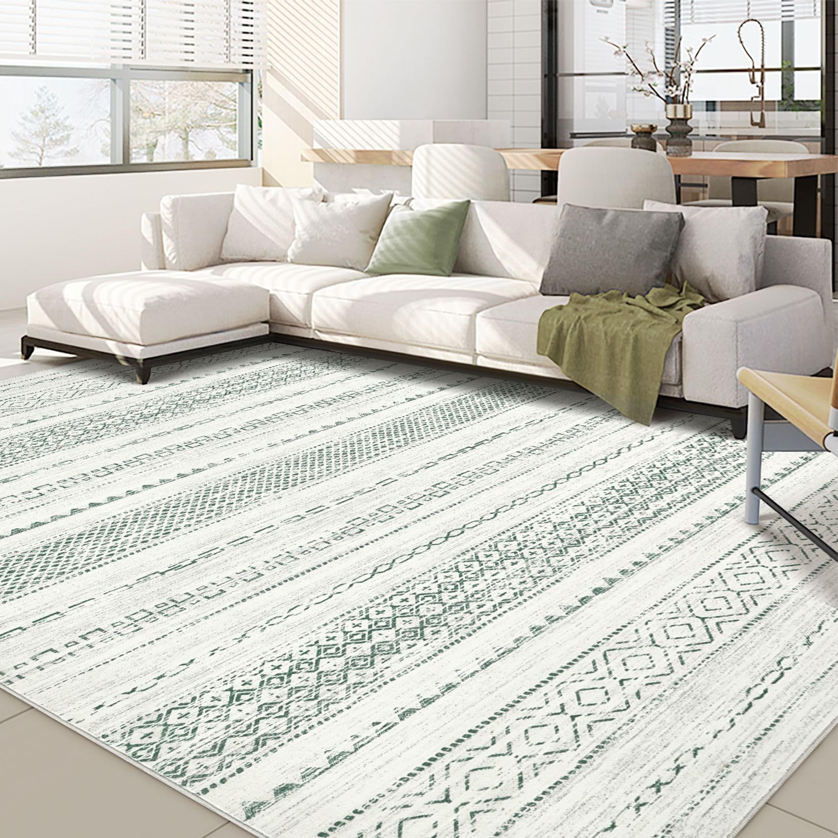 Nakagishi Green Rug Living Room Rugs: 8x10 Washable Boho Large Neutral Soft Farmhouse Stain Resistant Modern Non Slip Indoor Flo