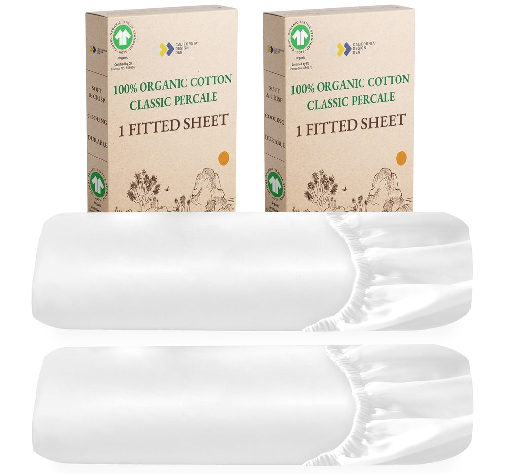 California Design Den 2-Pack 100% Organic Cotton Fitted Sheets Cal King Size Percale Only, Gots Certified, Soft & Crisp, Cooling, Lightweight, Snug-Fit 2X Deep Pocket Fitted Sheet - White