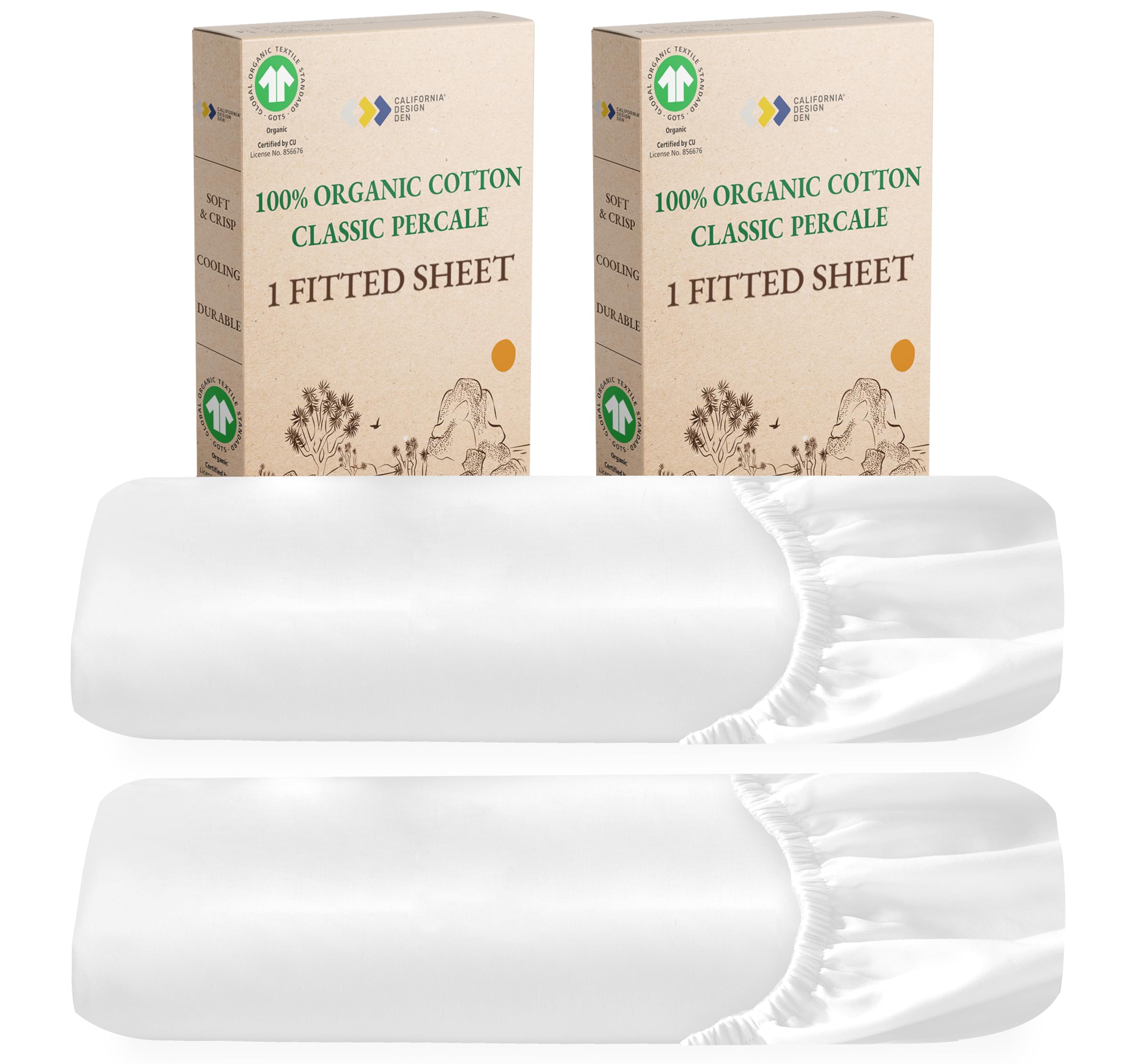 California Design Den 2-Pack 100% Organic Cotton Fitted Sheets Cal King Size Percale Only, Gots Certified, Soft & Crisp, Cooling, Lightweight, Snug-Fit 2X Deep Pocket Fitted Sheet - White