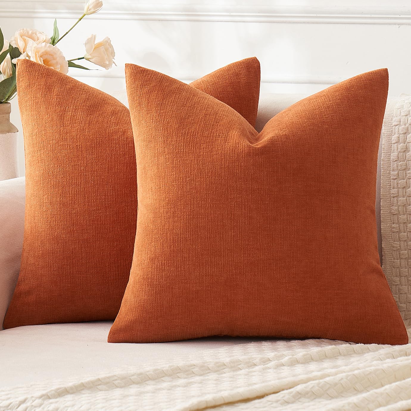 Miulee Burnt Orange Couch Pillow Covers 18X18 Inch, Set Of 2 Soft Chenille Decorative Square Throw Pillow Covers Farmhouse For Sofa Living Room Bed