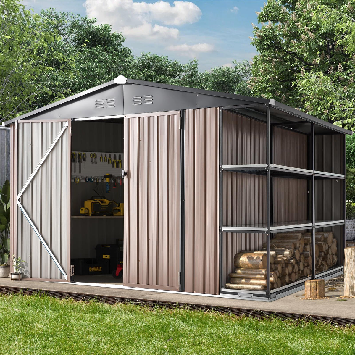 Aecojoy 10X8 Storage Shed With Rack, Large Outdoor Storage Tool Utility Shed With Shelves, Metal Garden Shed For Yard, Outdoor S