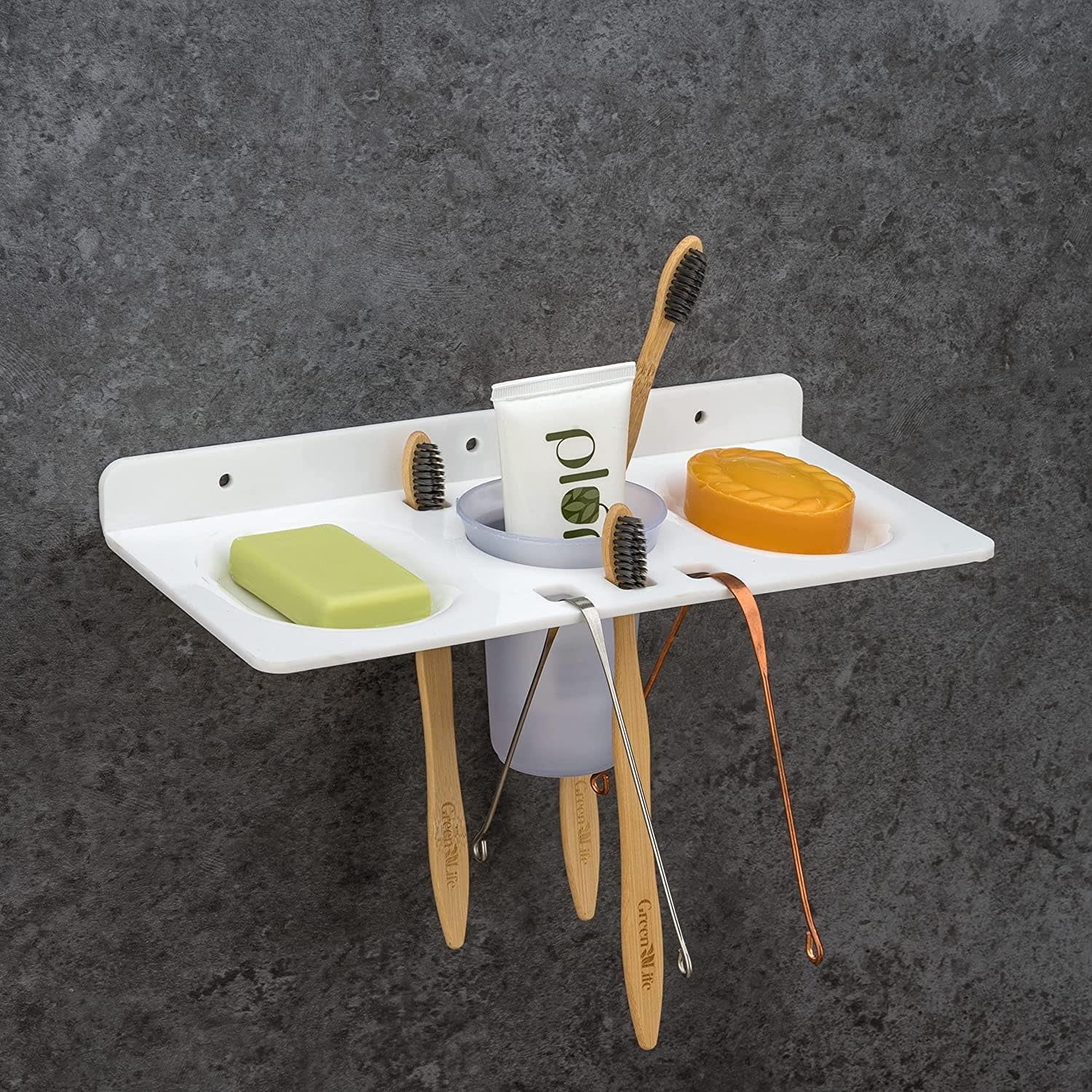 Marqo WallMounted Bathroom Shelf, White, With Toothbrush Holder And Soap Dish, MultiPurpose Organiser