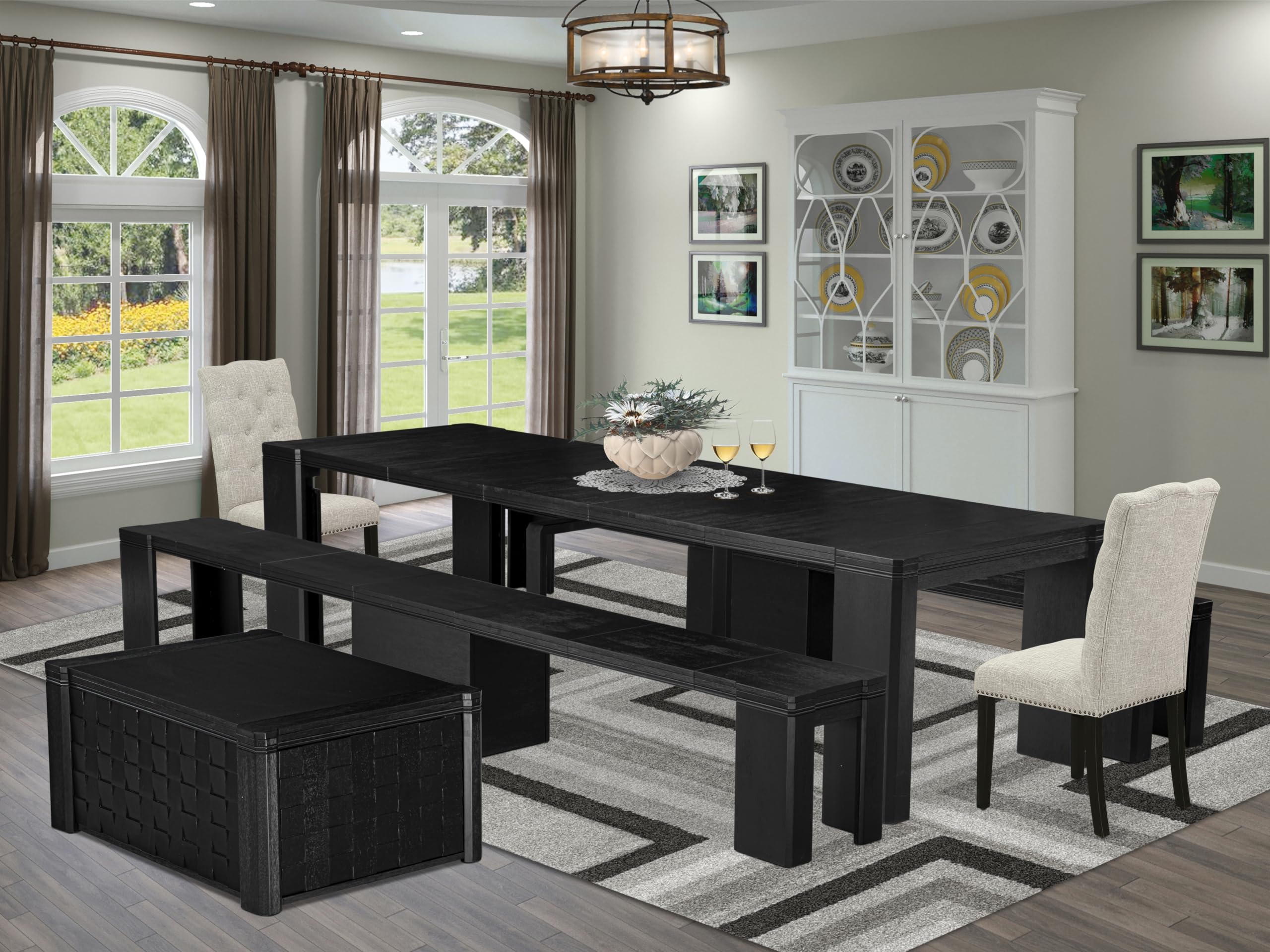 Luxe by East West Furniture - X02EL-2C6-35 - 6-piece Dining Table Set a Dining Table with a coffee Table and 2 wooden Benches and 2 Doeskin Linen Fabric kitchen Chair, 39x120 Inch, Wire Brushed Black